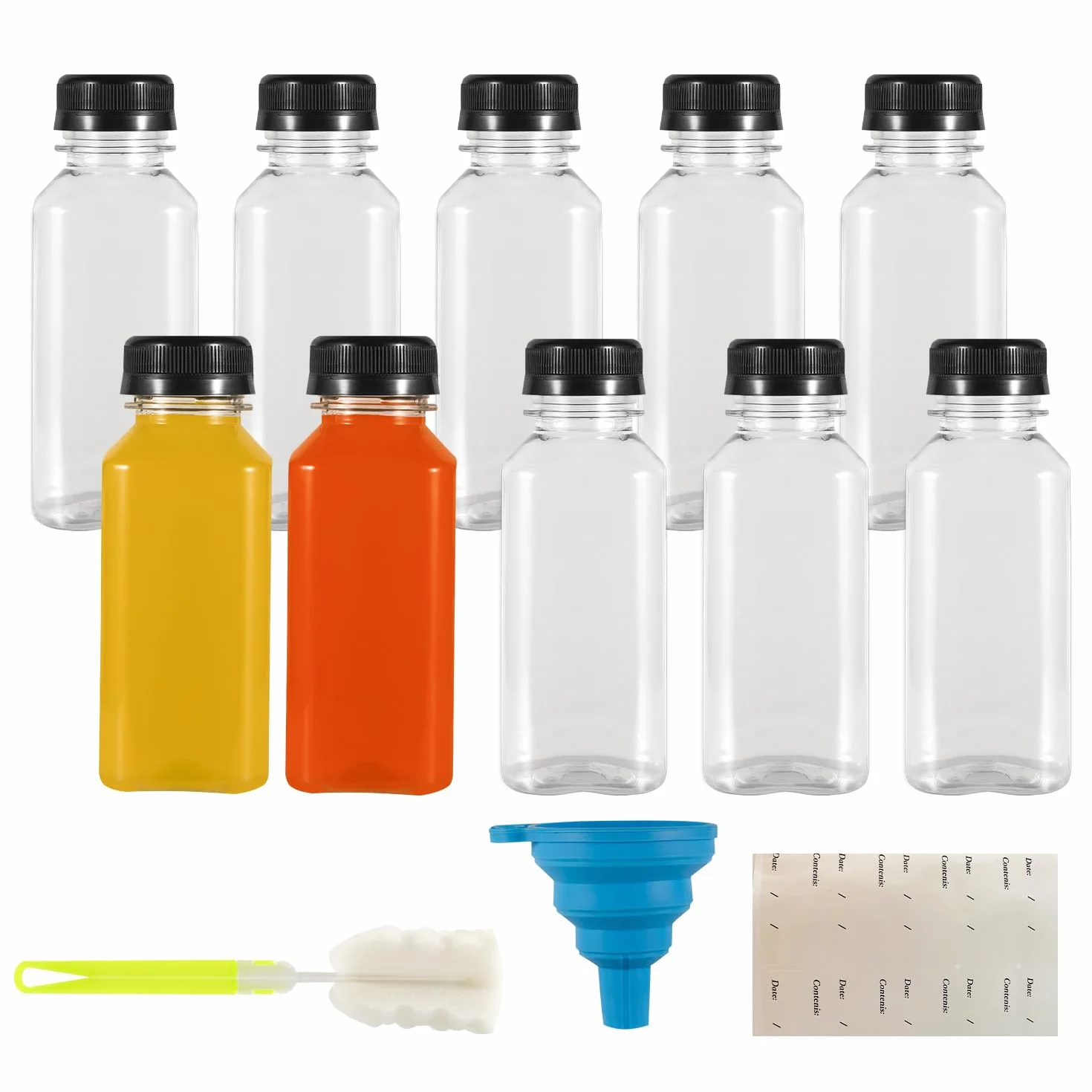 "Pack de 10 botellas de plástico rellenables de 250ml, botellas de plástico rellenables vacías, Smoothie para zumos,botellas reutilizables y transparentes para nevera, licuadoras, shots, agua, leche "
