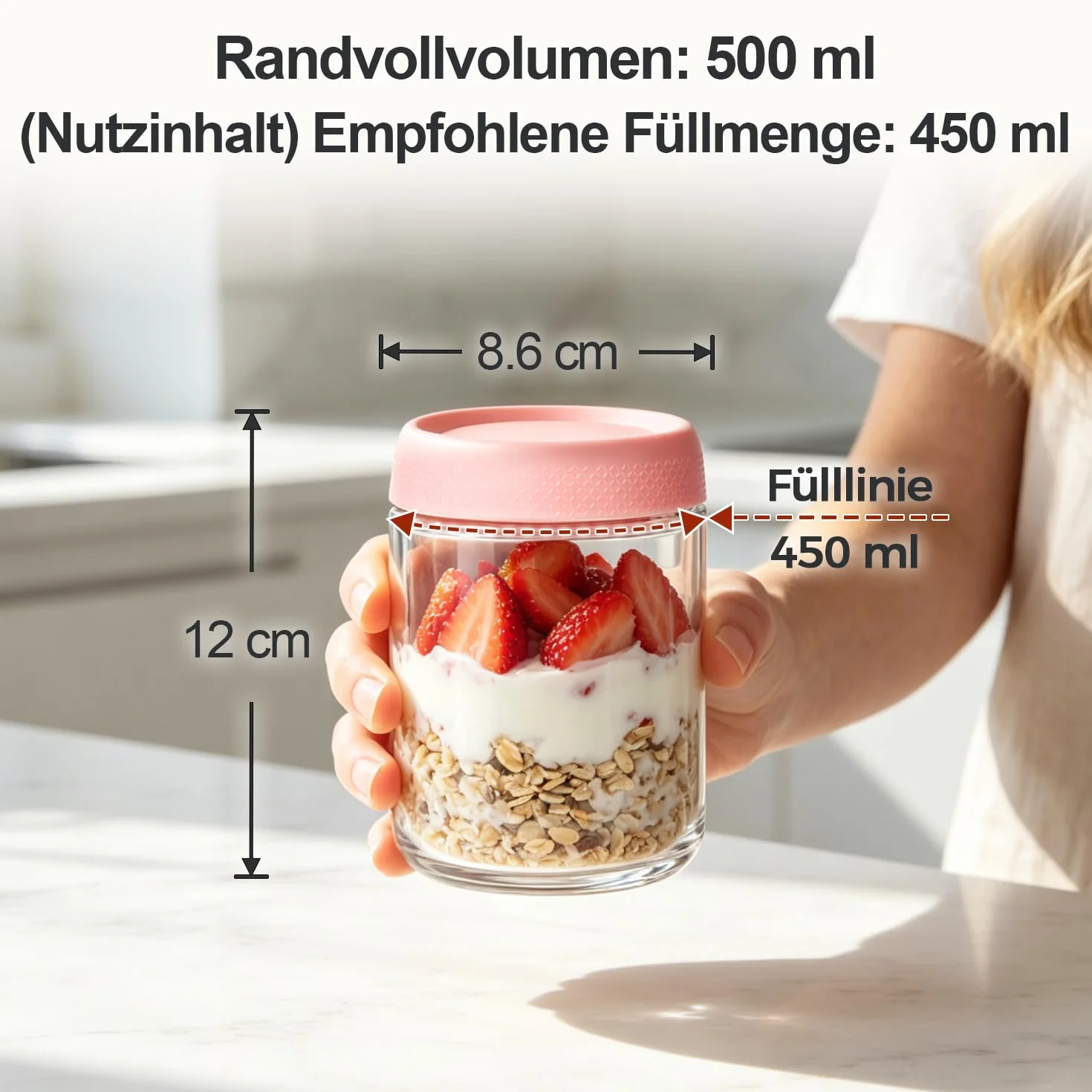 ComSaf Set de 4 Vasos de Yogurt y Cereales de 500ml con Tapa de Plástico, Tarro de Vidrio, Overnight Oats Jar para Adultos y Niños, Desayuno Saludable para Oficina, Escuela y Picnic