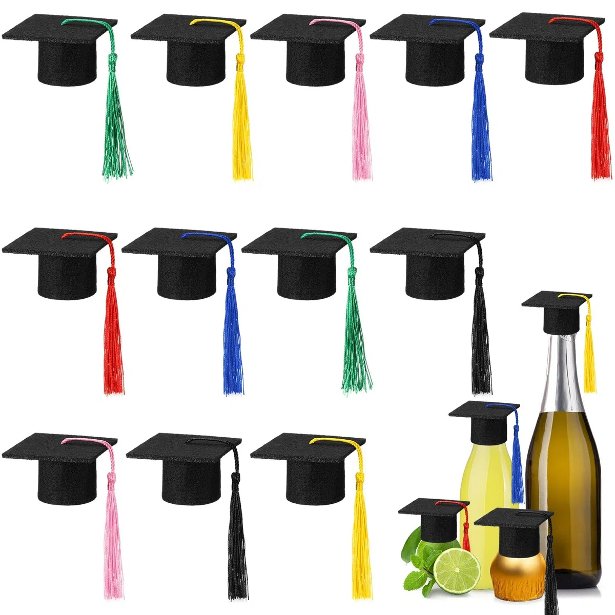 Geiserailie 12 Piezas Mini Gorros de Graduación Decoración de Botella de Vino Sombrero de Doctor Bachiller Pequeño Birrete de Graduación de Tapón de Botella para ABI 2026 Fiesta de Graduación Regalo