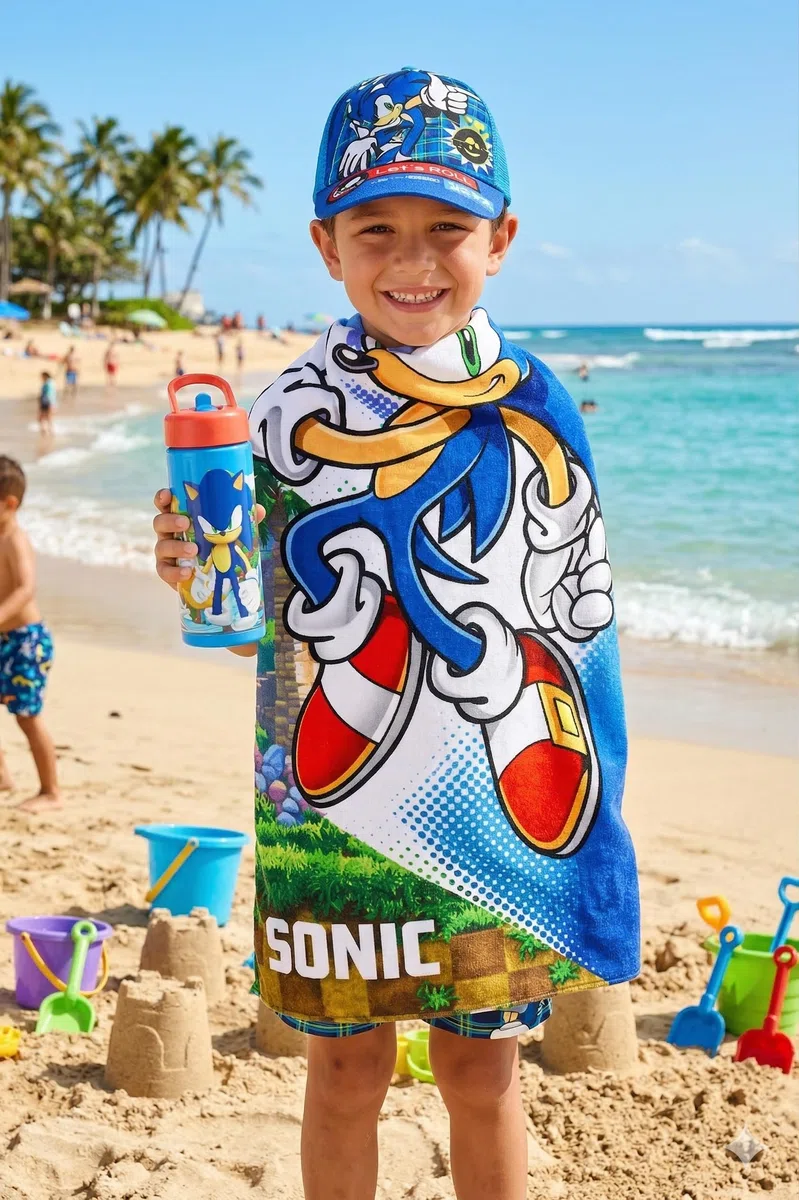 MARUKATSU Sonic Pack Playa Niño Completo Toalla 140x70 cm + Gorra Ajustable + Botella 410ml – Set Verano Infantil Microfibra Secado Rápido Piscina