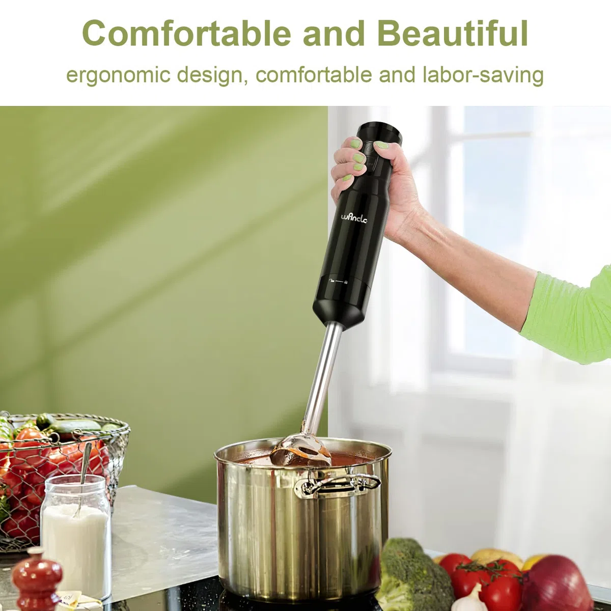 Batidora de mano, Wancle 600W batidoras, Función Turbo, para alimentos para bebés, batidos, salsas y sopas (Black)