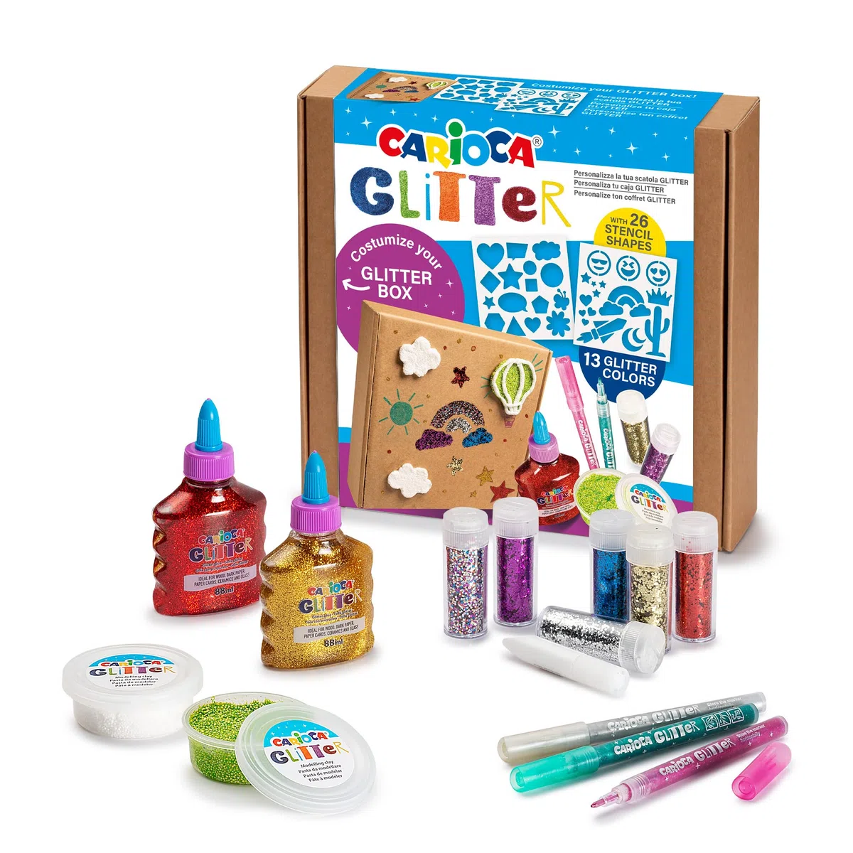Carioca - Caja Regalo Manualidades Glitter, Set Pinturas Purpurina | Maletín Creativo De 39 Piezas Con Efecto Brillante, Contiene Plantillas Y Pegamento Glitter, Ideal Para Manualidades