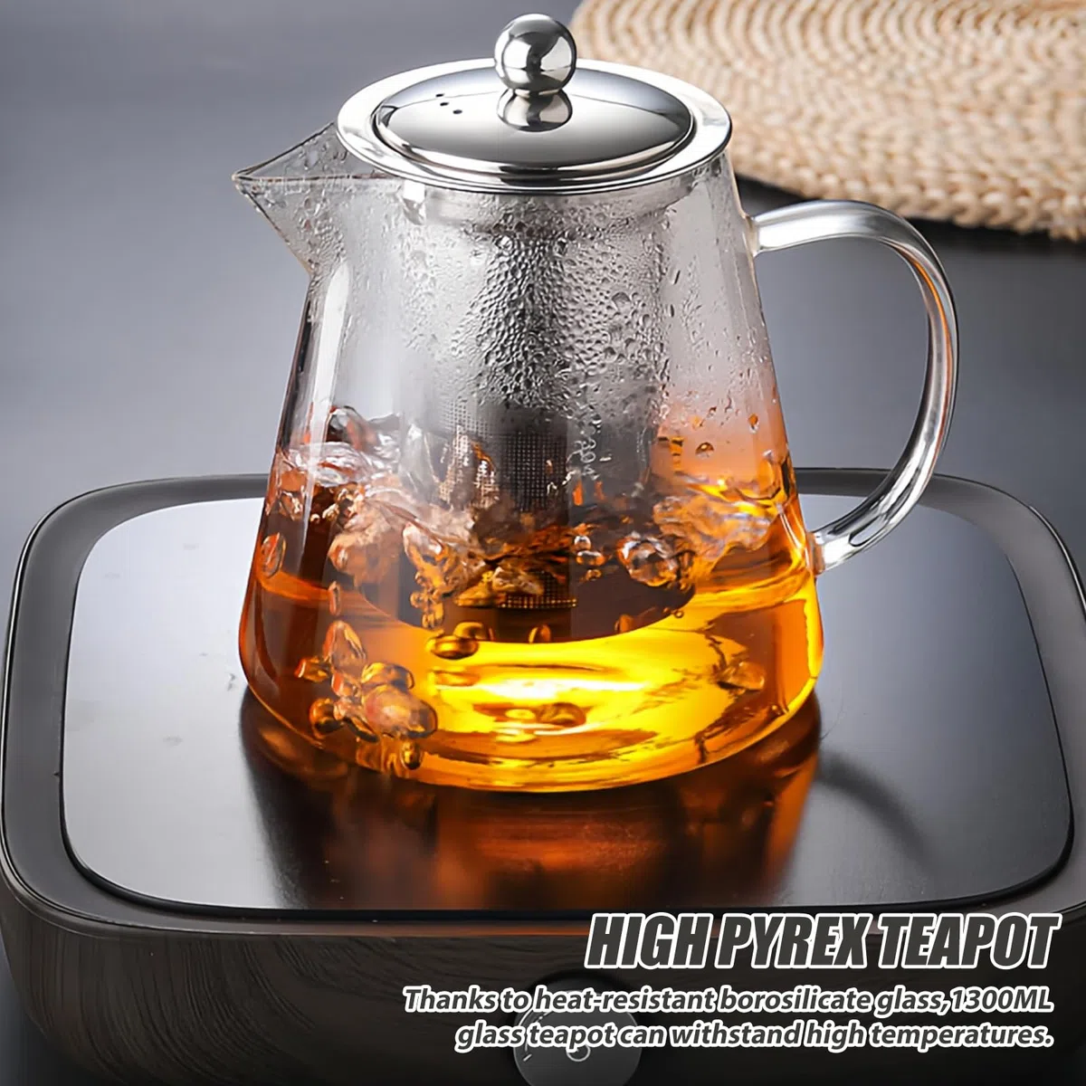 Tetera de 1300 ml: juego de té de vidrio de borosilicato con colador extraíble y tapa de acero inoxidable, resistente y resistente al calor para camping, viajes, té de hierbas y té de frutas