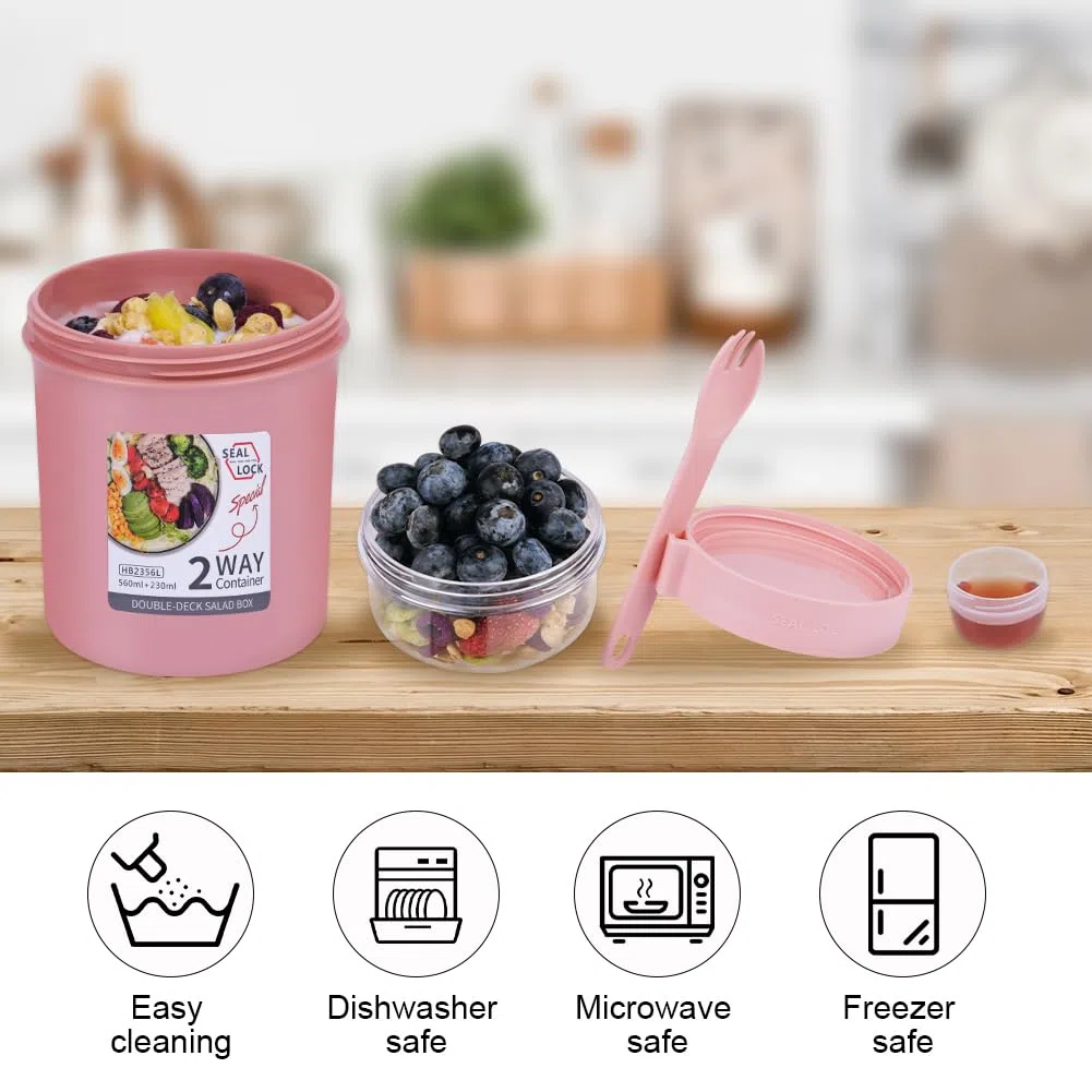 HOTUT Taza de Cereales para Llevar, 560 ml + 230 ml Contenedor De Avena Durante La Noche,Vaso Cereales Con Tapa Y Cuchara,Sin BPA,Compartimentos Separados,Vaso Desayuno To Go (Rose)