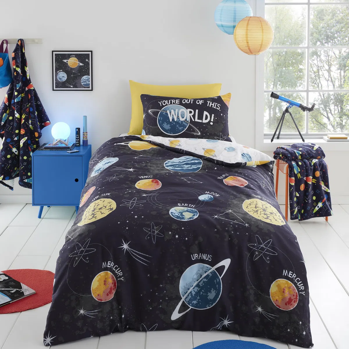 Bedlam - Funda nórdica Que Brilla en la Oscuridad - Tamaño Individual (200 x 140 cm) - Reversible (2 diseños) - Ropa de Cama Galaxy y Planeta para niños - Funda de edredón del Universo del Sistema