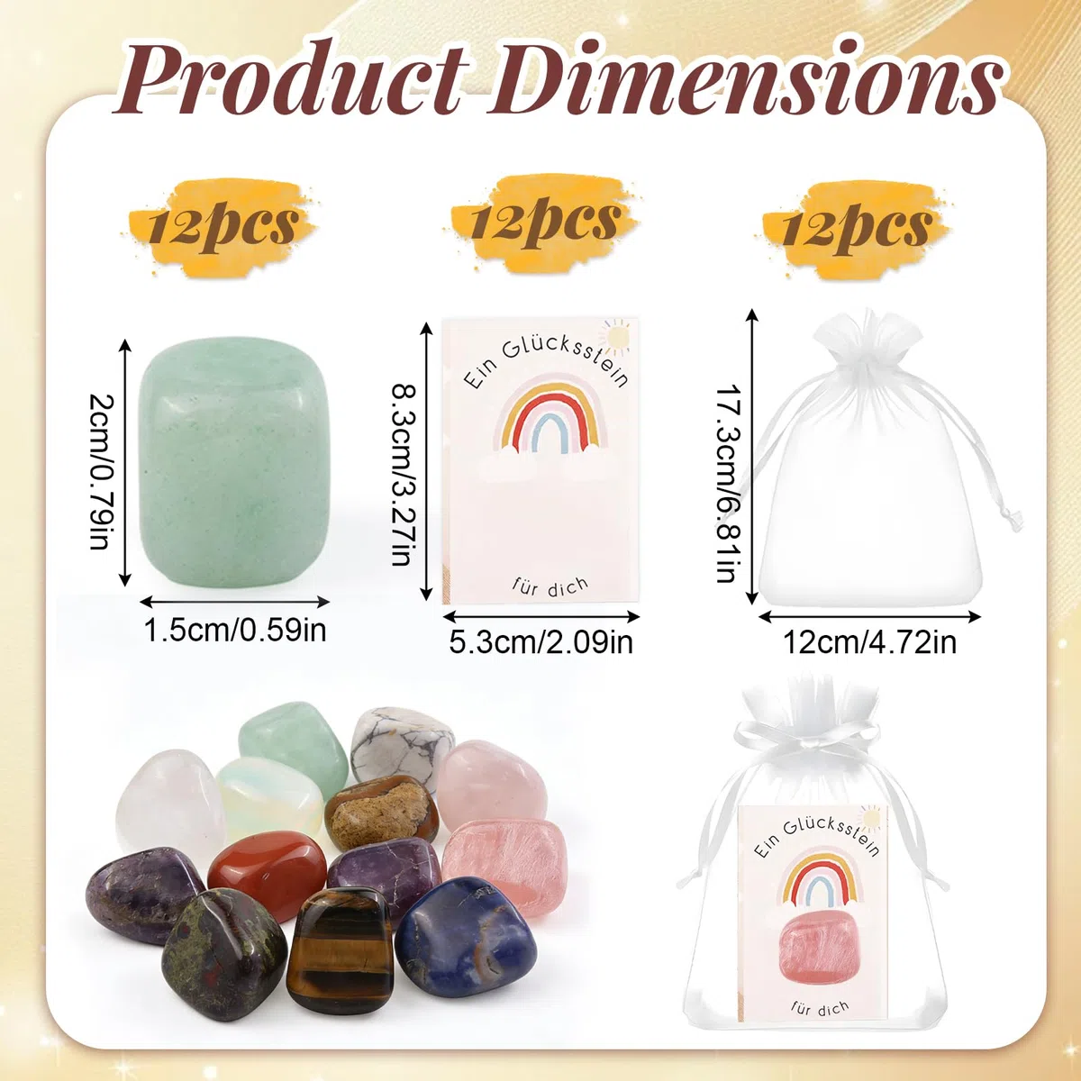 12 x Piedras de duende, piedras preciosas coloridas para niños, con tarjeta de felicitación y bolsa de organza, calendario de adviento de piedras preciosas, piedras de la suerte para niños y adultos
