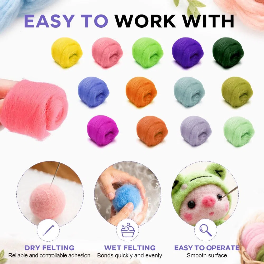 36 Colores Fieltro de Lana para Manualidades 108 G,Lana Cardada Natural, Kit de Fieltro de Aguja,Fieltros Seco y Húmedo,Lanas Fieltros Tejer Principiantes,Fieltroes Hechos a Mano para Niños, DIY