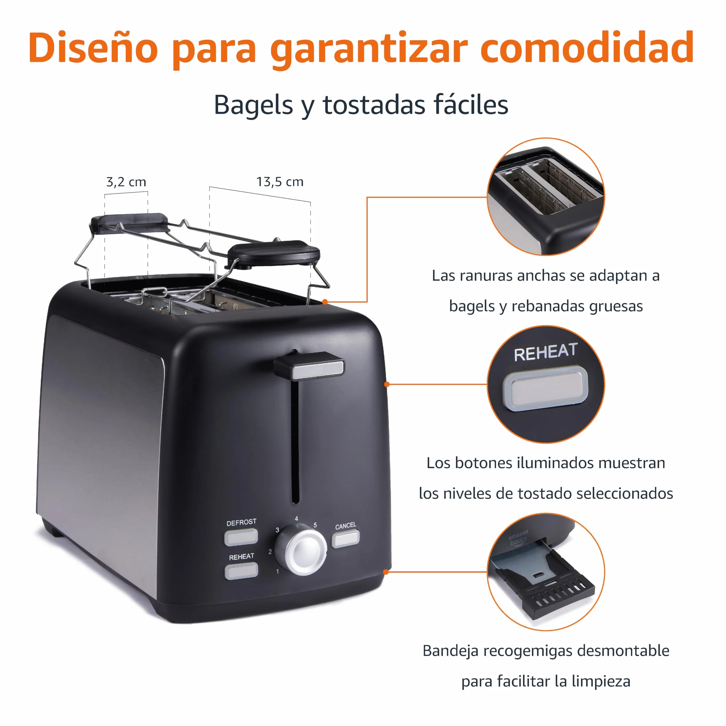 Amazon Basics Tostadora 2 Rebanadas con 7 Niveles de Tostado y Bandeja para Migas Extraíble, Ranuras Extra Anchas, 800W, Negro