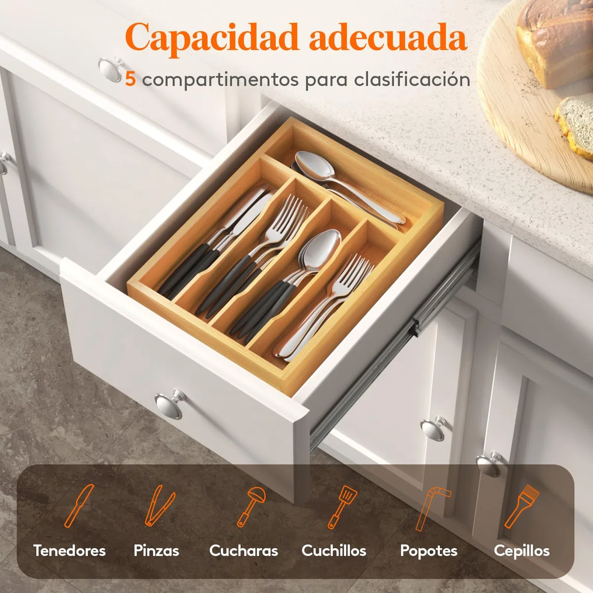 Lifewit Bandeja para Cubiertos, Organizador Cajones de Cubertos de Bambú, Cocina Organizador de Cubertería Compacto para Cucharas, Tenedores, Utensilios, Cuchillos, 5 Compartimentos, Natural