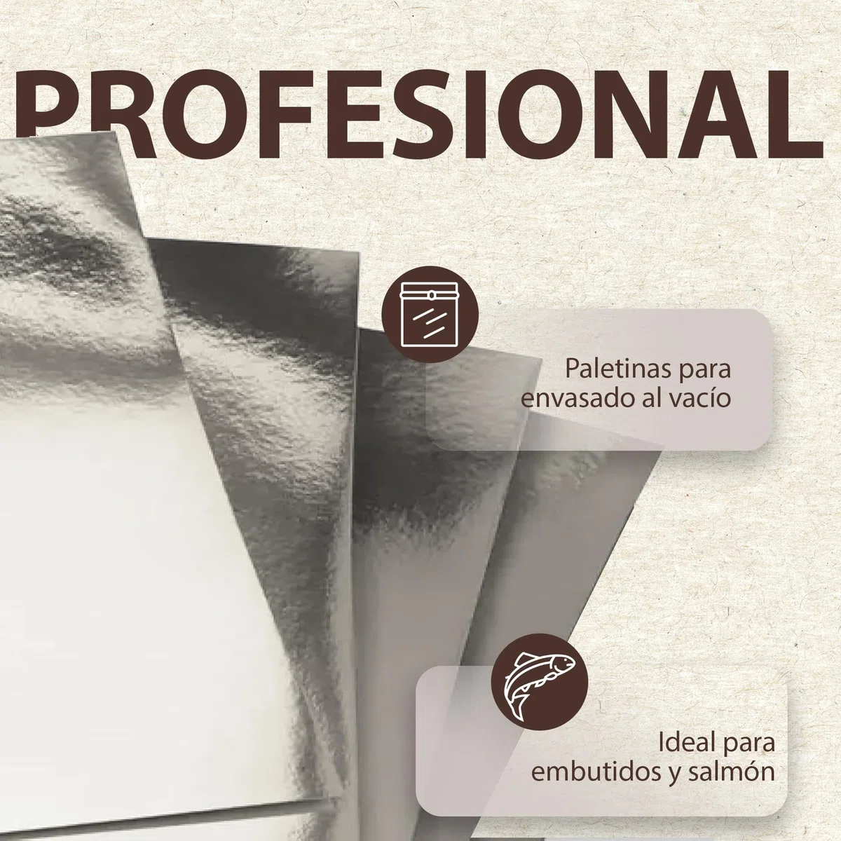 BALSAT | Paletina Plata Para Envasado al Vacío | 100 unidades | 25x21 cm | Cartón Resistente ideal para Embutidos, Salmón y alimentos | Ensobrado Higiénico y Profesional | Paquete 100 ud