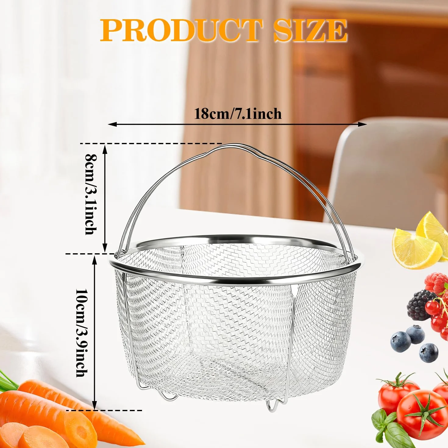 Tissting Cesta de Malla para Cocinar al Vapor, 18cm Cesta de Vapor de Olla de Malla de Acero Inoxidable con Asas Cómodas, Cesta de Drenaje para Freír en la Cocina