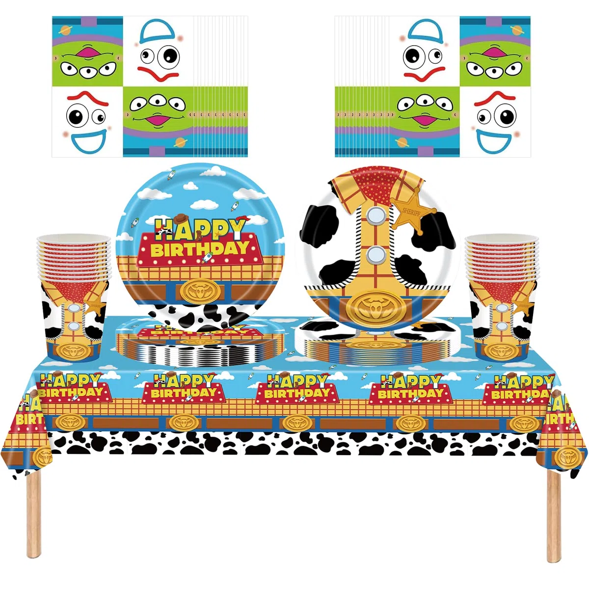 61 piezas Juego de vajilla de cumpleaños con temática de juguetes para niños, compuesto por vasos, platos, mantel y servilletas, suficiente para 20 invitados.