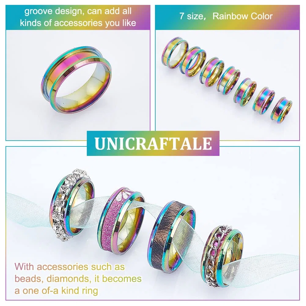 UNICRAFTALE 14 anillo de Núcleo En Blanco Arcoíris Tamaño 5-13 anillo Ranurado de Acero Inoxidable con Bolsas de Terciopelo Anillo Redondo Vacío para Anillos de Incrustaciones de Bandas de Boda
