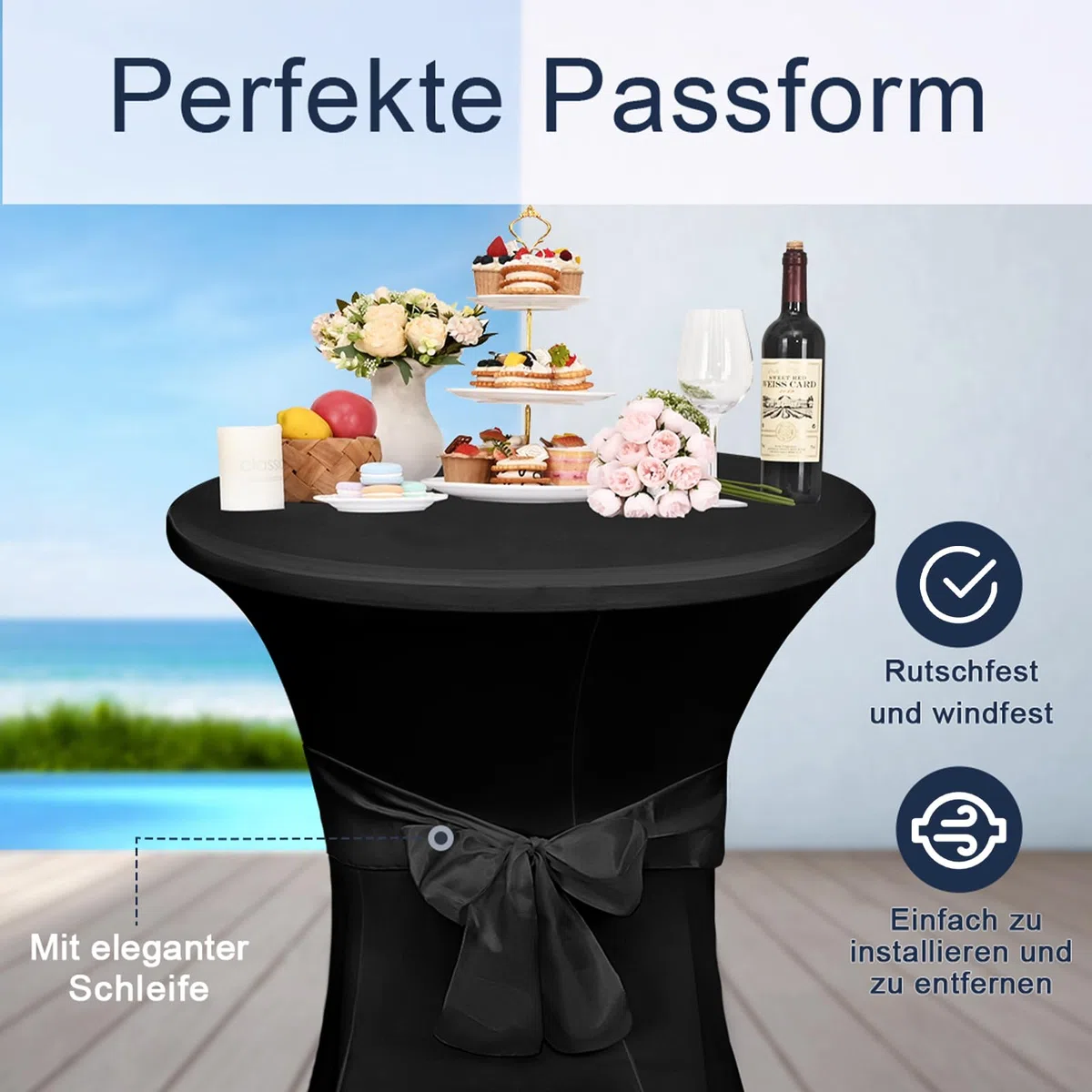 Alishomtll Juego de 3 fundas elásticas para mesa alta con lazo, diámetro de 60 cm, elegantes fundas elásticas para mesa de bistró, mesas altas, banquetes o bodas (diámetro 60 x 110 cm, negro)