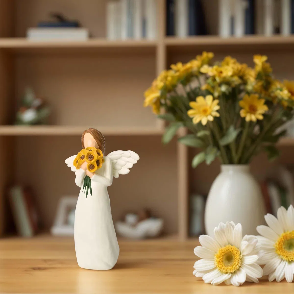 Figuras de ángel de la guarda, regalos de ángeles de girasol para mujeres, figura de ángel de girasol, decoración del hogar, estatua de ángel curativo pintada, con flores, regalos de ángel para