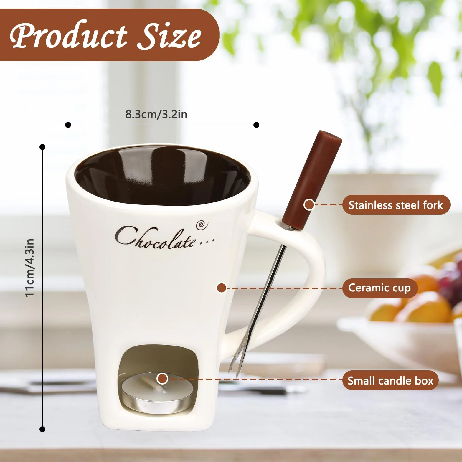 Juego de tazas de fondue de chocolate, 130 ml, taza de cerámica para fundir chocolate fondue de chocolate, taza con tenedor y vela de té para queso, chocolate, mantequilla, caramelo