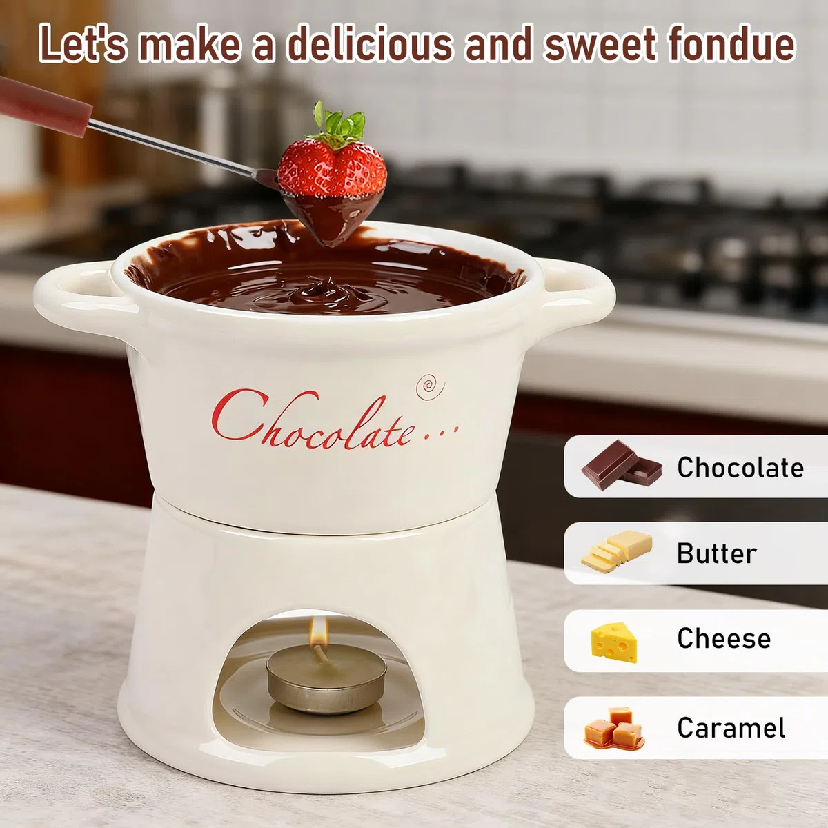BigKing Crisol para chocolate y queso de 300 ml, juego de fondue de chocolate de cerámica con 4 tenedores y 4 velas de té, extraíble, mini taza para fondue para casa, restaurante y café