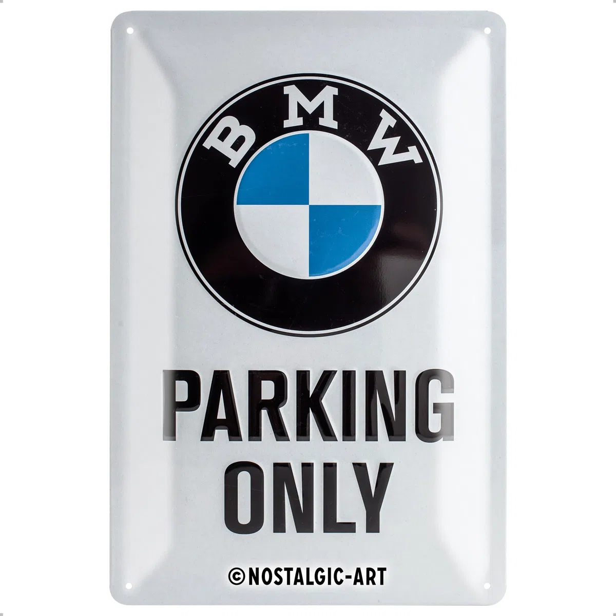 Nostalgic Art BMW Parking Only White - Placa Decorativa, Metal, 20 x 30 cm, Color Blanco y Azul