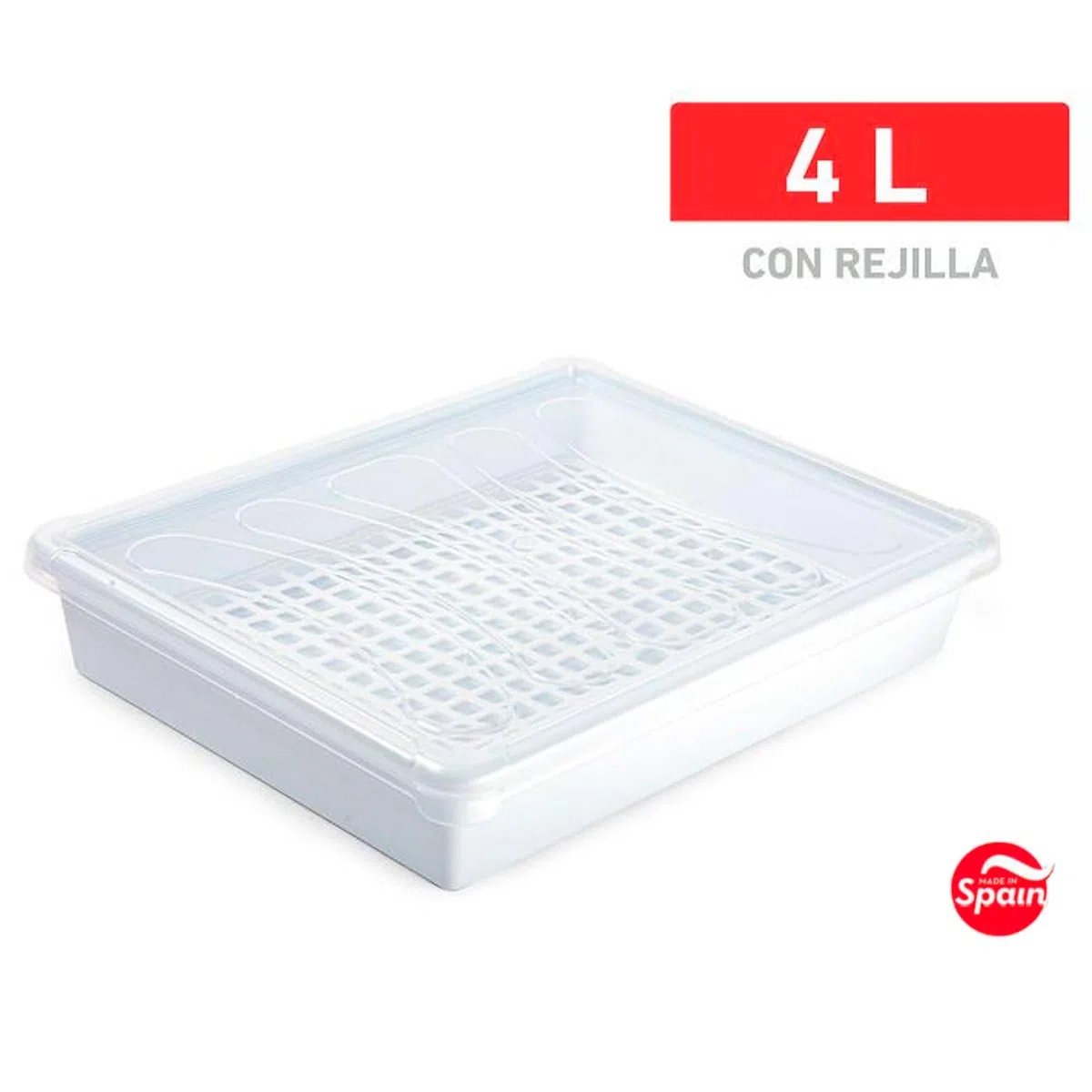 Tradineur - Pack de 3 bandejas frigoríficas de Almacenamiento con Tapa y Rejilla, plástico, Reutilizables, descongelar Alimentos, Fabricadas en España - 4 litros - 35 x 27,5 x 6,5 cm - Blanco