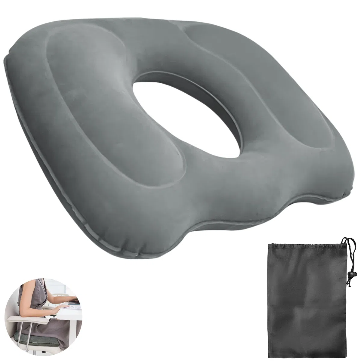 Cojín Ortopédico Inflable de PVC Flocado + Bolsa de Almacenamiento | Cojín Hemorroides para Hogar, Oficina, Sofá, Silla de Ruedas, Asiento Coche, etc.