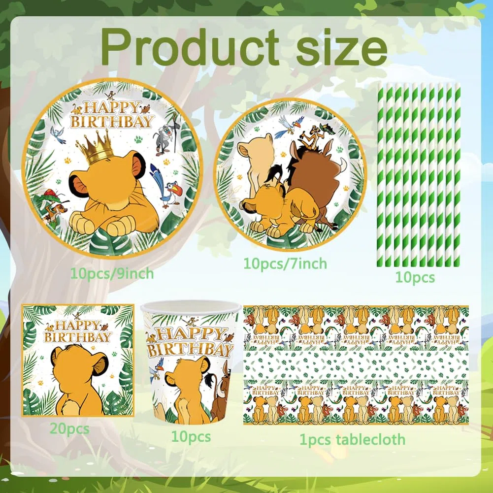 60pcs El Rey León Vajilla para Fiestas,Juego de Vajilla de Fiesta León, Bandeja de Papel, Servilleta, Taza, Pajitas, Cubiertos Fiesta El Rey León-10 Posición