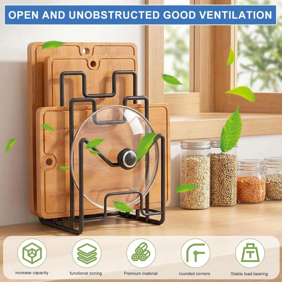 Soporte para Bandejas De Cocina y Tablas con 4 Compartimentos, Organizador Metálico para Tapas De Ollas, Espátulas, Platos y Bandejas De Horno