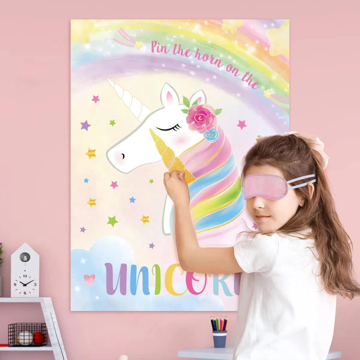 Juego de Fiesta de Unicornio - 53cm x 72cm Suministros para Fiestas Temáticas de Unicornio para Niñas y Niños Ponle el Cuerno al Unicornio con 24 Pegatinas de Cuerno Cartel del Juego de Cumpleaños