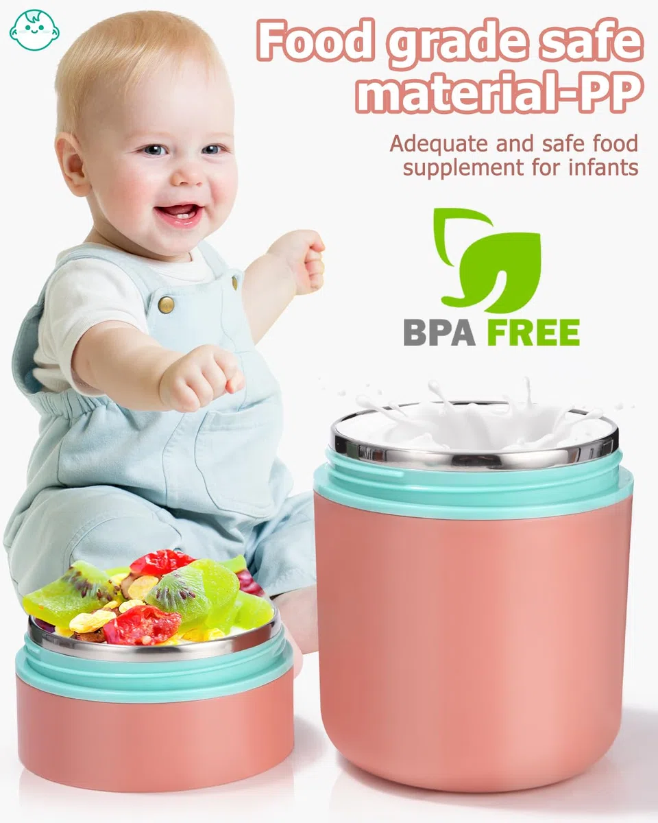 710ML Taza de Cereales y Yogurt para Llevar de Doble Capa con Cuchara,Termo para Comida de acero inoxidable,de yogur a prueba de derrames,para la escuela, oficina, viajes,Rosa green