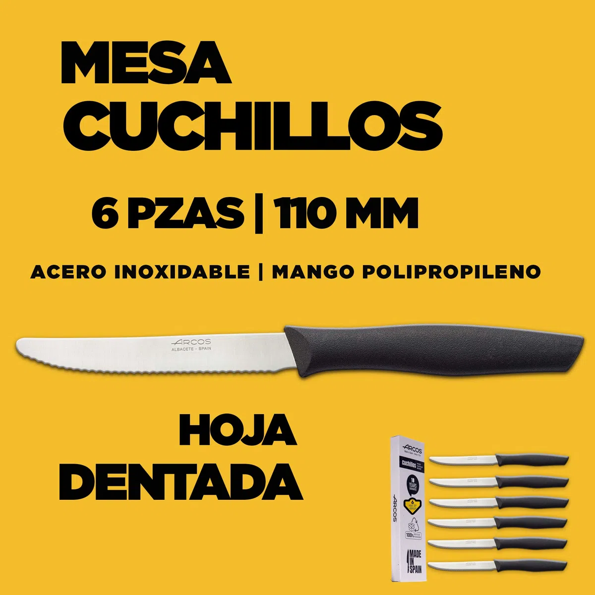 Arcos Juego Cuchillos Carne | Cuchillo chuleteros | Cuchillos Carne Cuchillos Mesa | 6 Uds | Hoja 110 mm | Acero Inoxidable | Mango Nylon | Apto lavavajillas | Envase Ecológico (Filo Serrado)