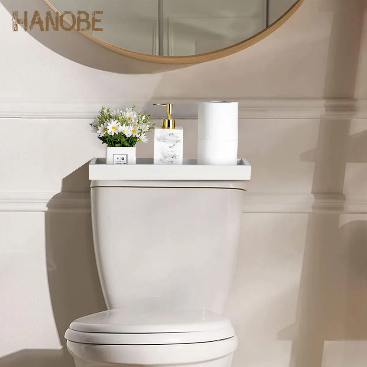 Hanobe - Bandeja de Madera para Servir, Rectangular, Estrecho, Decorativo, café, Platos y bandejas, Moderna, Blanca, pequeña Mesa, sin Mango, Bandeja de Madera de Vela para Cuarto de baño
