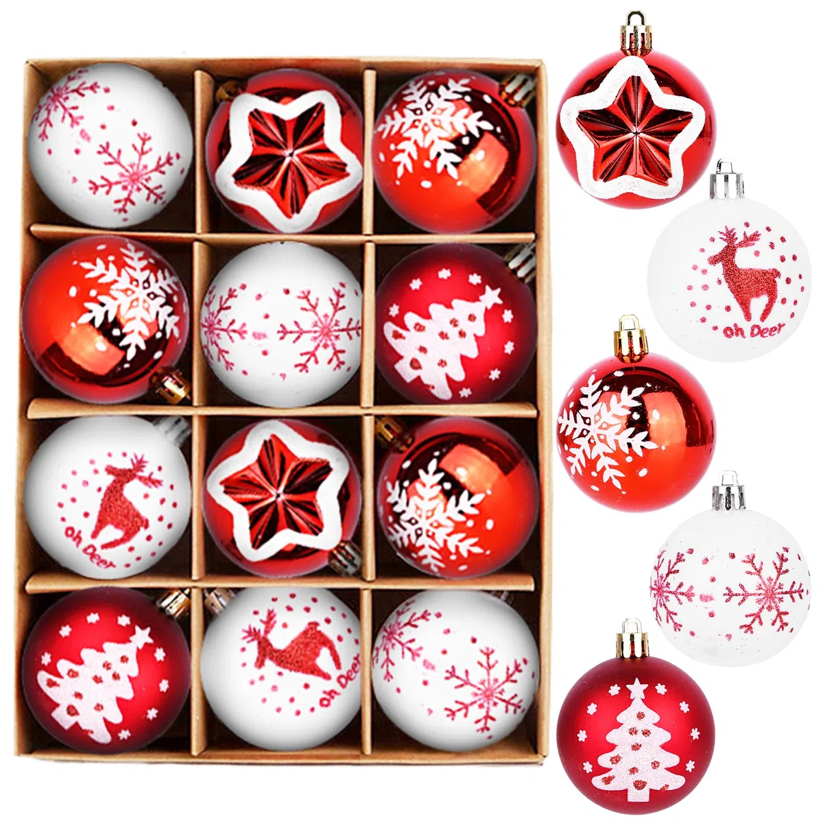 Juego de 12 bolas de Navidad de plástico brillantes, adornos para árbol con ganchos, 6 cm