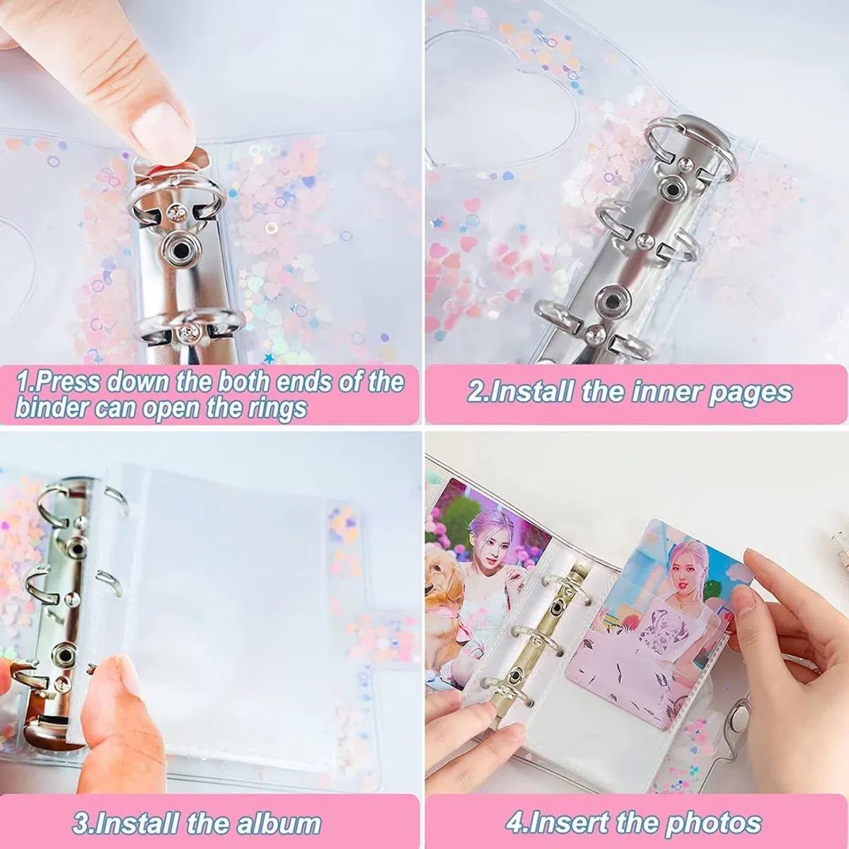 3 Pulgadas KPOP Photocard Holder Book Photocard Carpeta de Trabajo, Mini álbum de Fotos, Cartas de Fotos pequeñas en Forma de corazón Brillante Transparente Carpeta de Fotos Book KPOP, Rosa