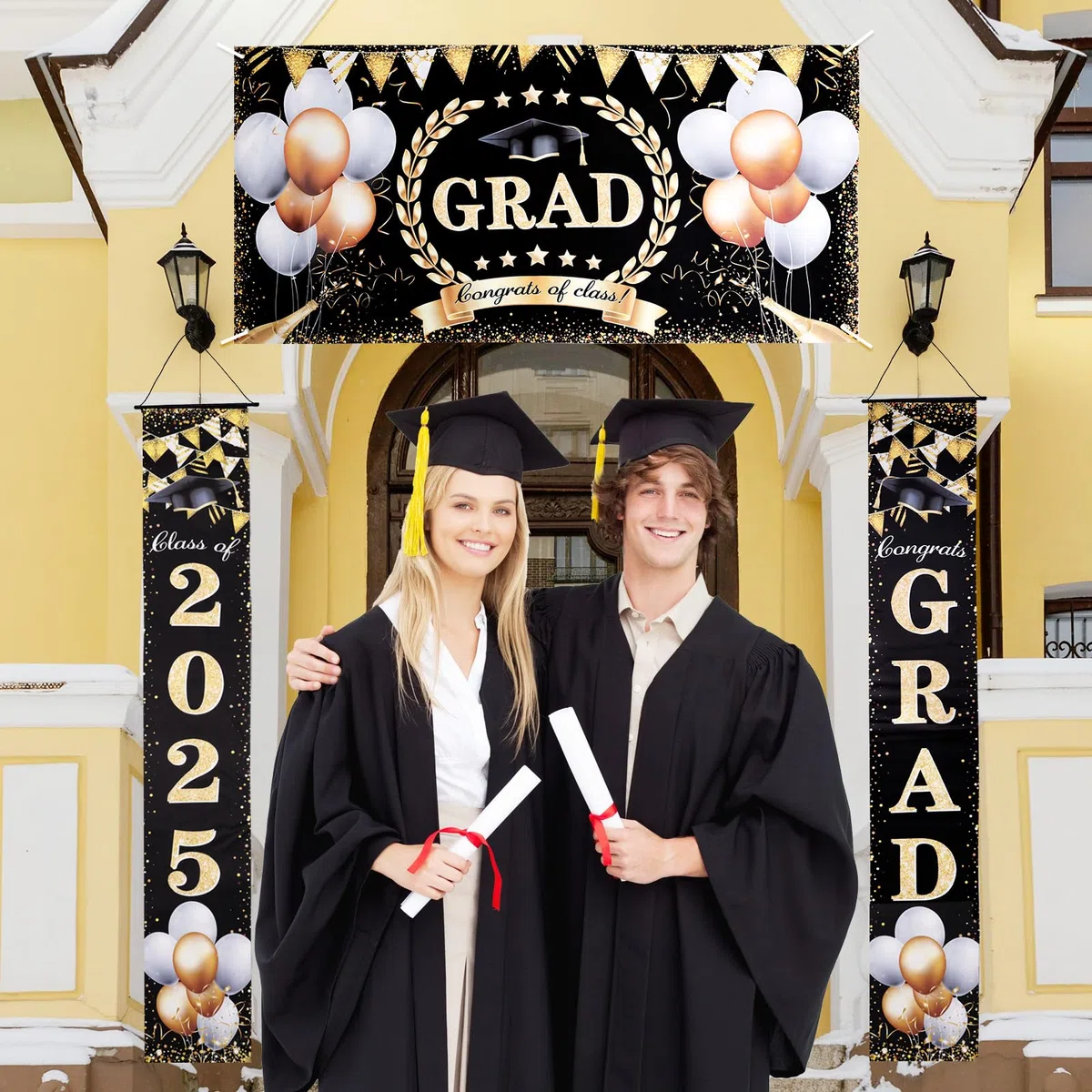 Gosknor 4 Decoraciones de Graduación 2025, 2 Cortinas para Puerta y 2 Pancartas de Graduación para Escuela Secundaria Universidad Interiores y Exteriores