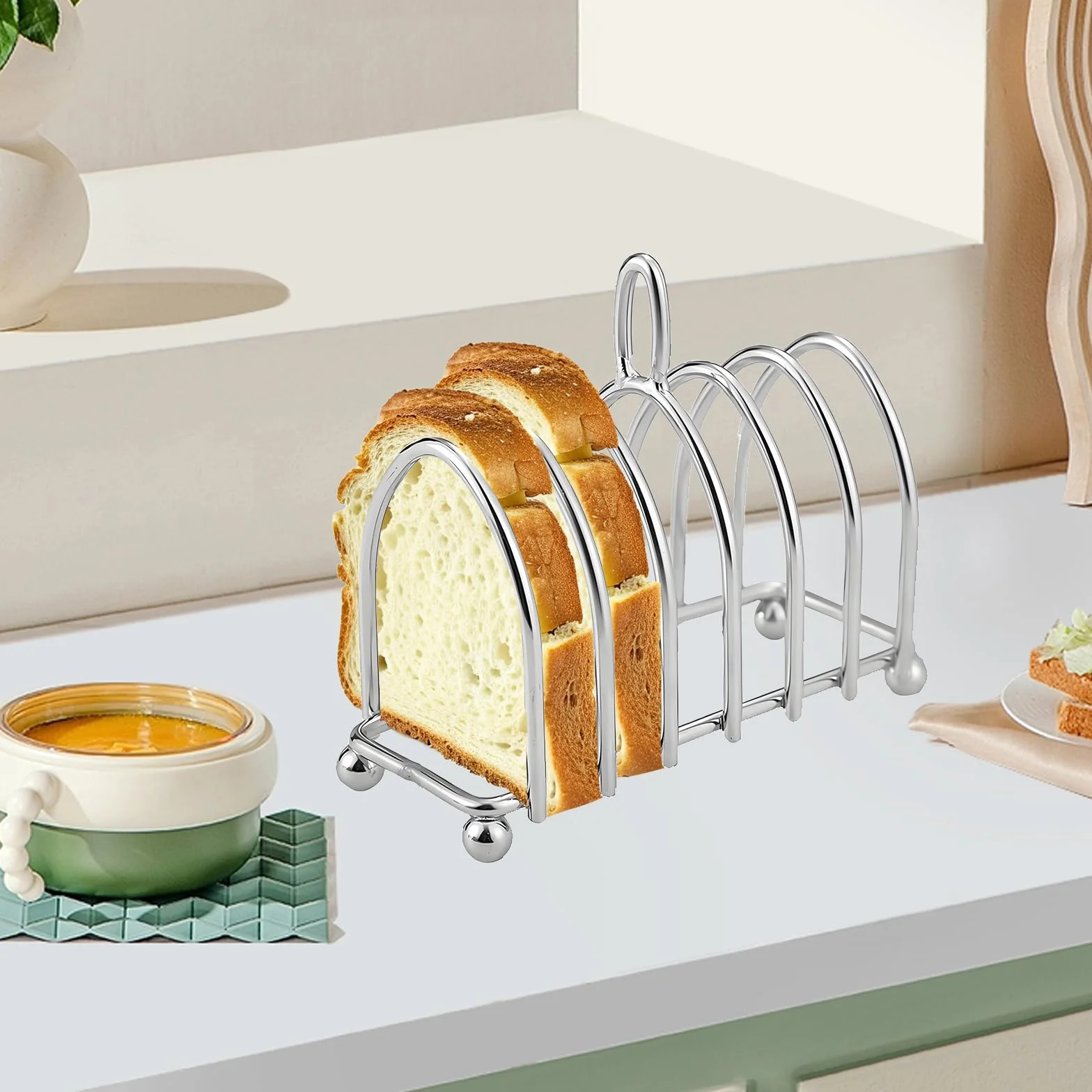 Estante para Tostadas de Acero Inoxidable, Estante para Tostadas de 6 Rebanadas con Patas de Bola y Asa de Bucle, Soporte para Pan Tostado para Cocina, Buffet, Desayuno, Almuerzo, Cena