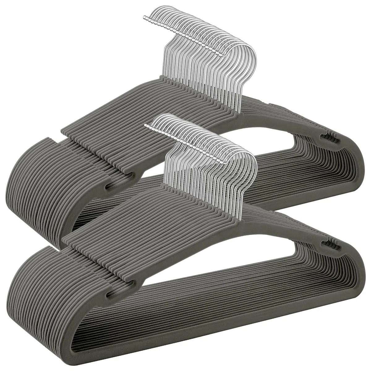 SONGMICS Perchas de Terciopelo, Juego de 50 Perchas para Ropa, 43 x 21 cm, Perchas Antideslizantes con Muescas, Barra para Pantalones, Gancho 360°, Ahorra Espacio, para Armario, Gris CRF039G02