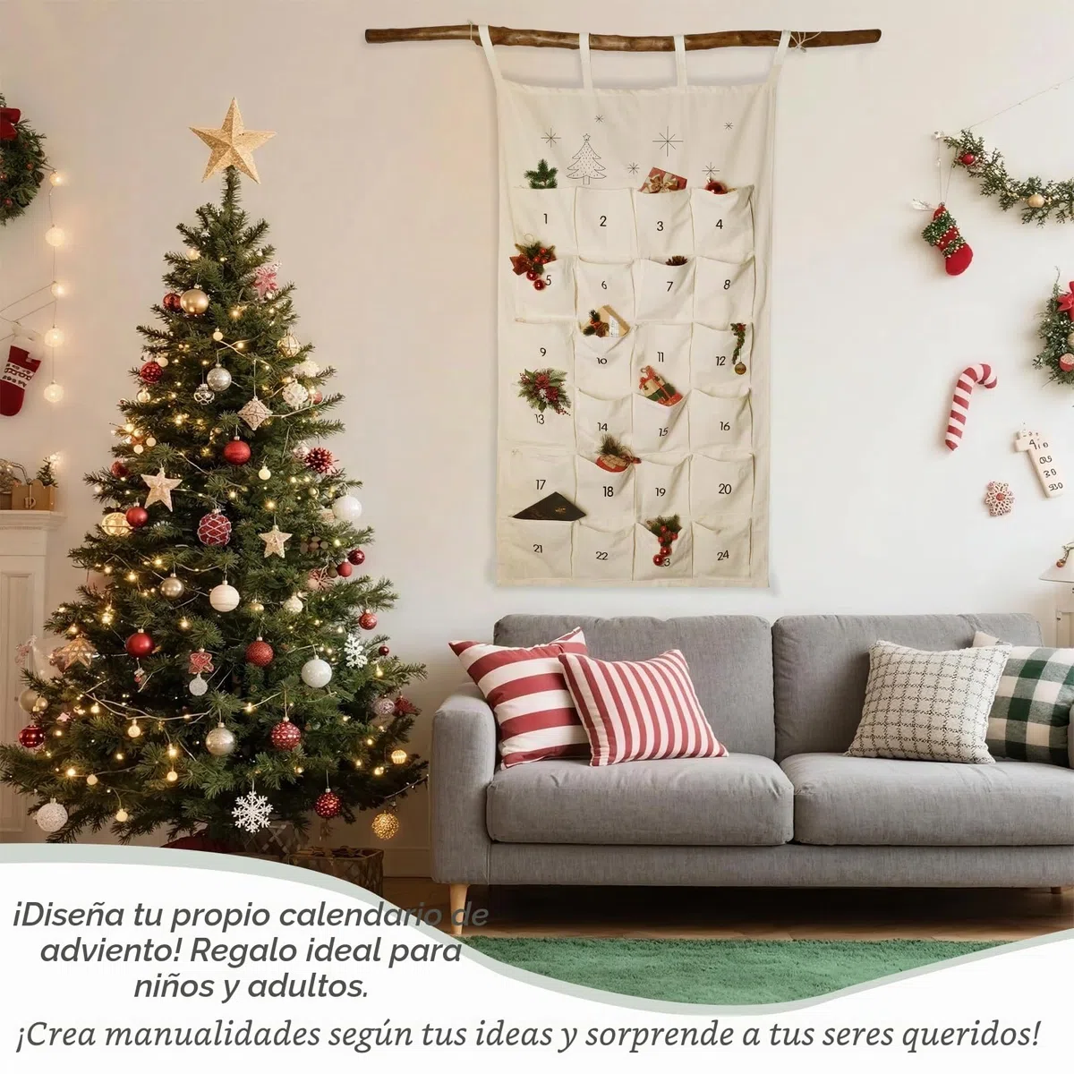 I LOVE MOM Calendario de Advento para llenar tela, 2025 calendario de cuenta atrás colgando con 24 bolsillos, regalo de fiesta de Navidad colgando o montando, decoración navideña reutilizable