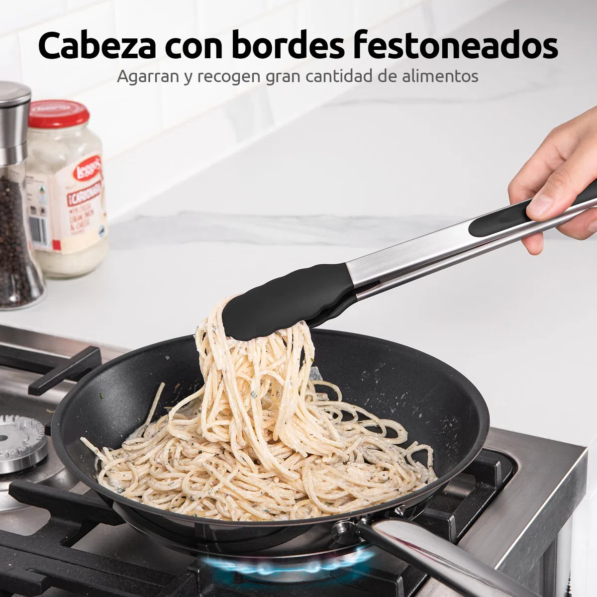 U-Taste Pinzas de Cocina de Silicona: 250℃ Resistentes al Calor con Puntas de Goma Antiadherentes Firmemente Selladas, Mango de Acero y Bloqueo Suave para Barbacoa (Negro, 30cm)