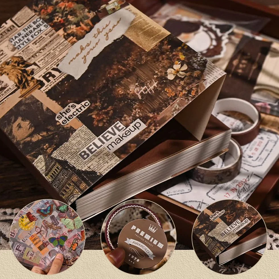 136 Piezas Material Scrapbooking Kit, Vintage Bullet Journal Kit con Cuaderno A6, Papel Scrapbooking Vintage, Washi Pegatinas Scrapbook Stickers Accesorios Kit para DIY Bullet Journal Album Fotos