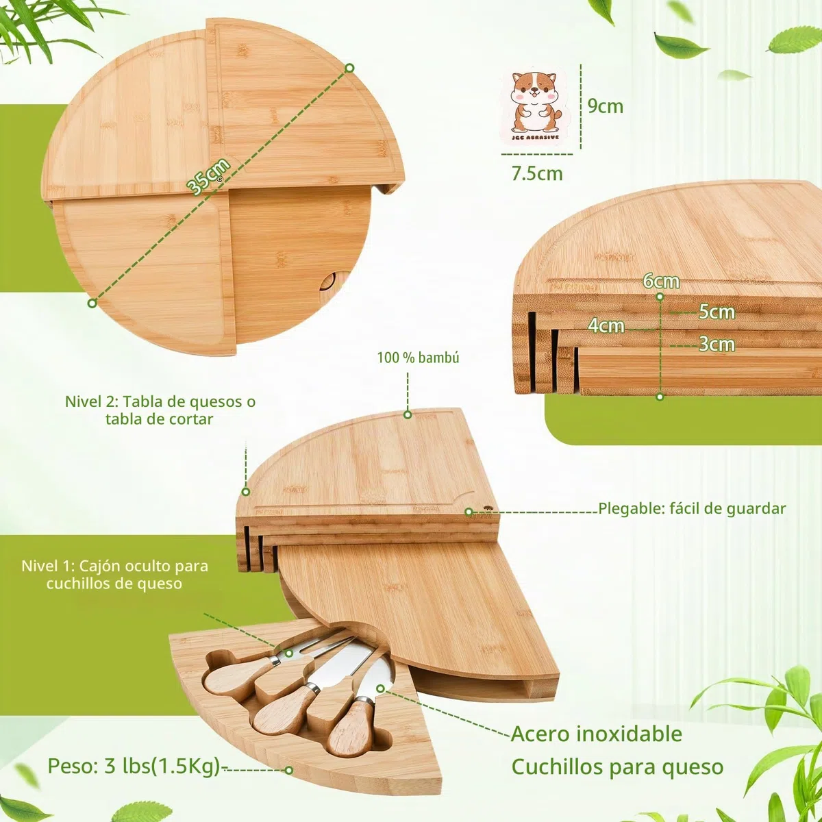 Set Tabla de Queso de Bambú y Cuchillos,Tabla de Quesos de Bambú,Tabla de Quesos Redonda,Bandeja de Servir de Bambú,para Servir Embutidos,Picnics,Fiestas,Frutas,Verduras,Carne