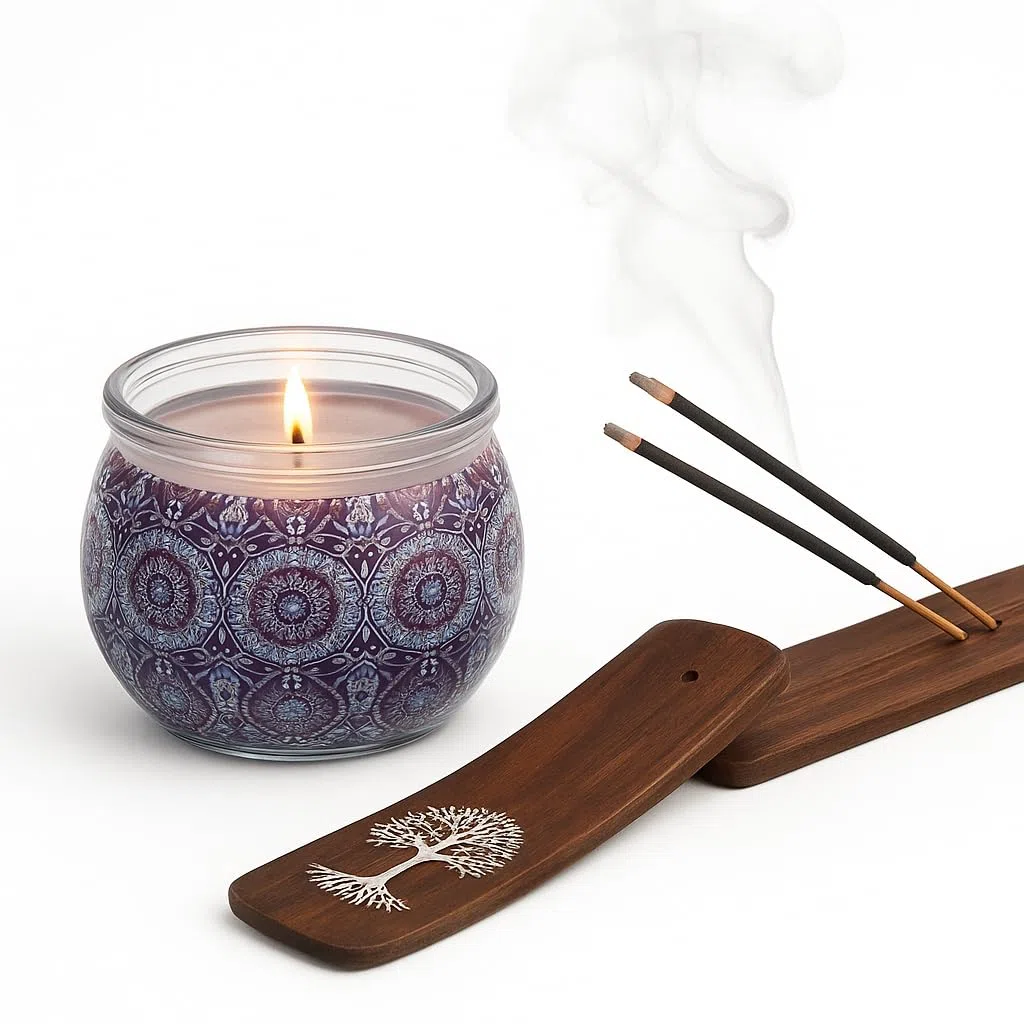 Set de Incienso Natural 100 Varillas (5 Aromas Diferentes) + Vela perfumada + Quemador de Incienso de Madera – Kit Regalo aromaterapia Fabricado en India para meditación y relajación en casa