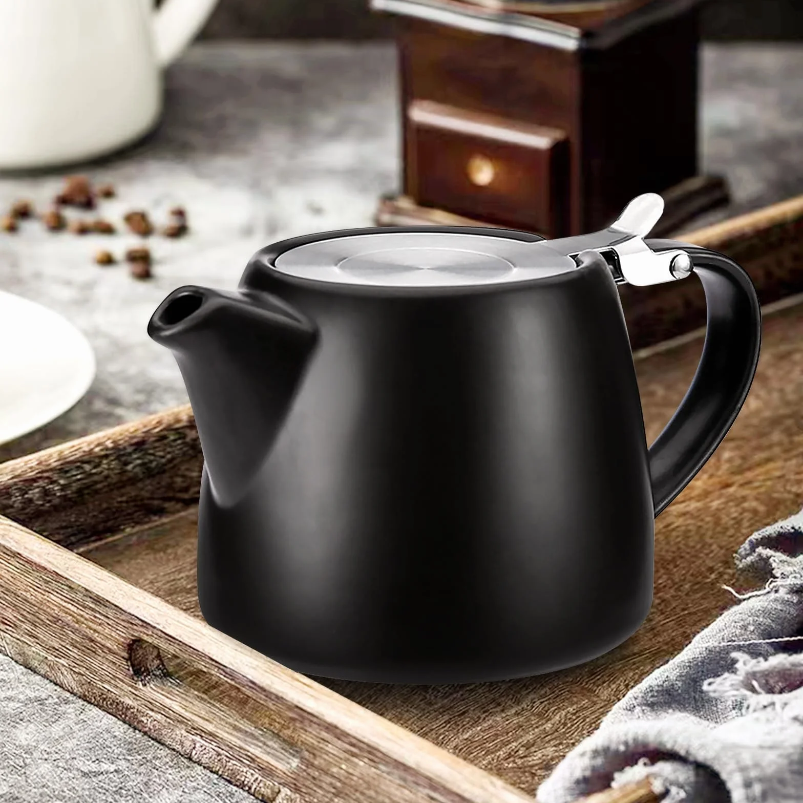 Tetera de porcelana de 500 ml, tetera de doble pared con tapa, asa y colador de té de acero inoxidable, cafetera de porcelana sin goteo, tetera de cerámica para café, té, semibrillante, color negro