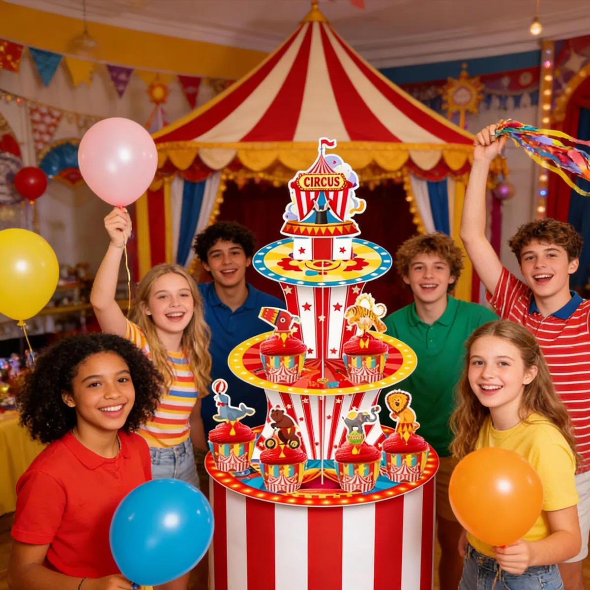 Estante para tartas de postre de 3 niveles, tema de dibujos animados, accesorios de fiesta de cumpleaños para niños y niñas, estante para cupcakes, accesorio de cumpleaños temática de