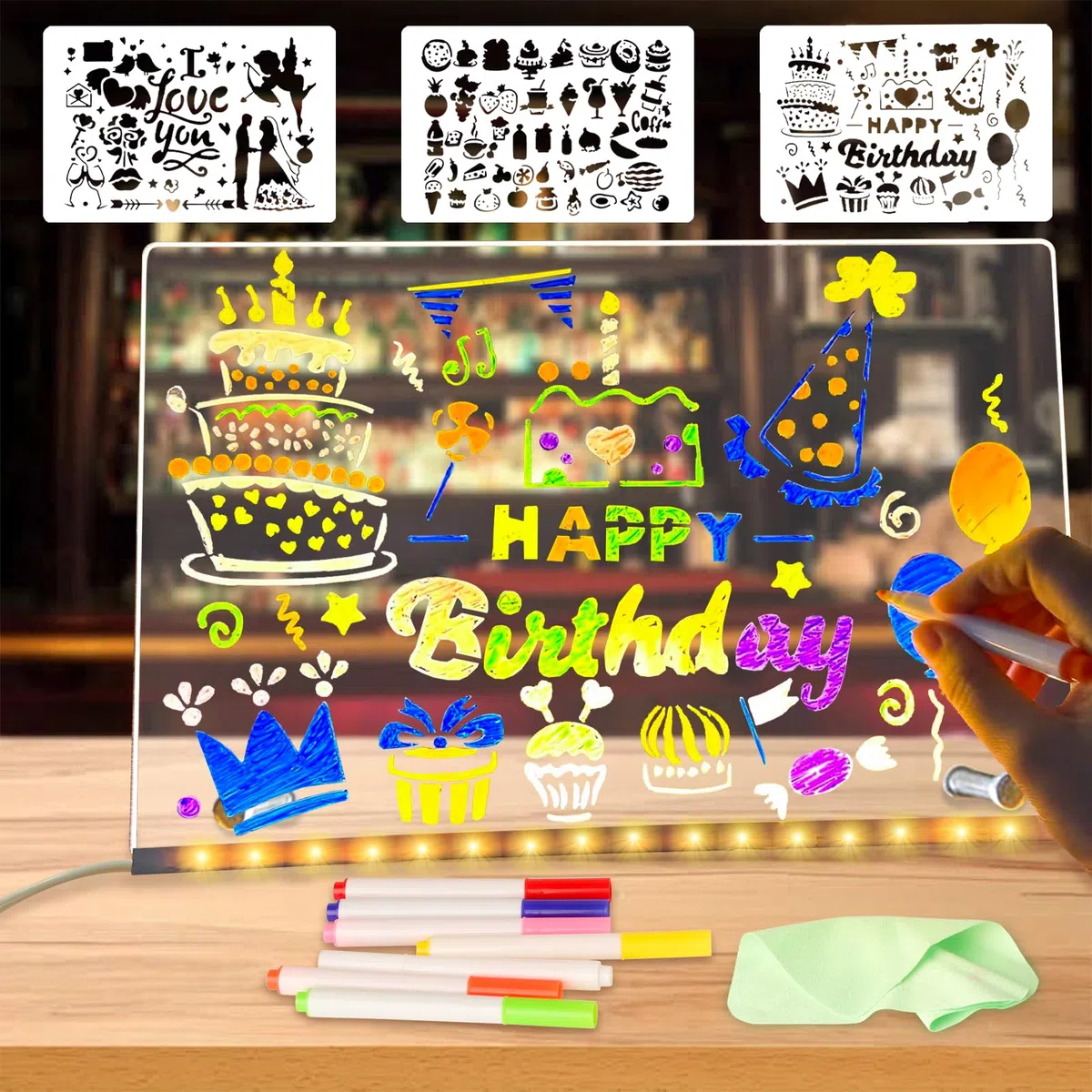 Tablero Acrílico Luminoso con Mensaje LED, Tablero de Notas LED con Bolígrafo de 7 Colores, Tablero de Dibujo LED con Soporte,Tablero de Escritura LED Luminoso Transparente, Limpiable