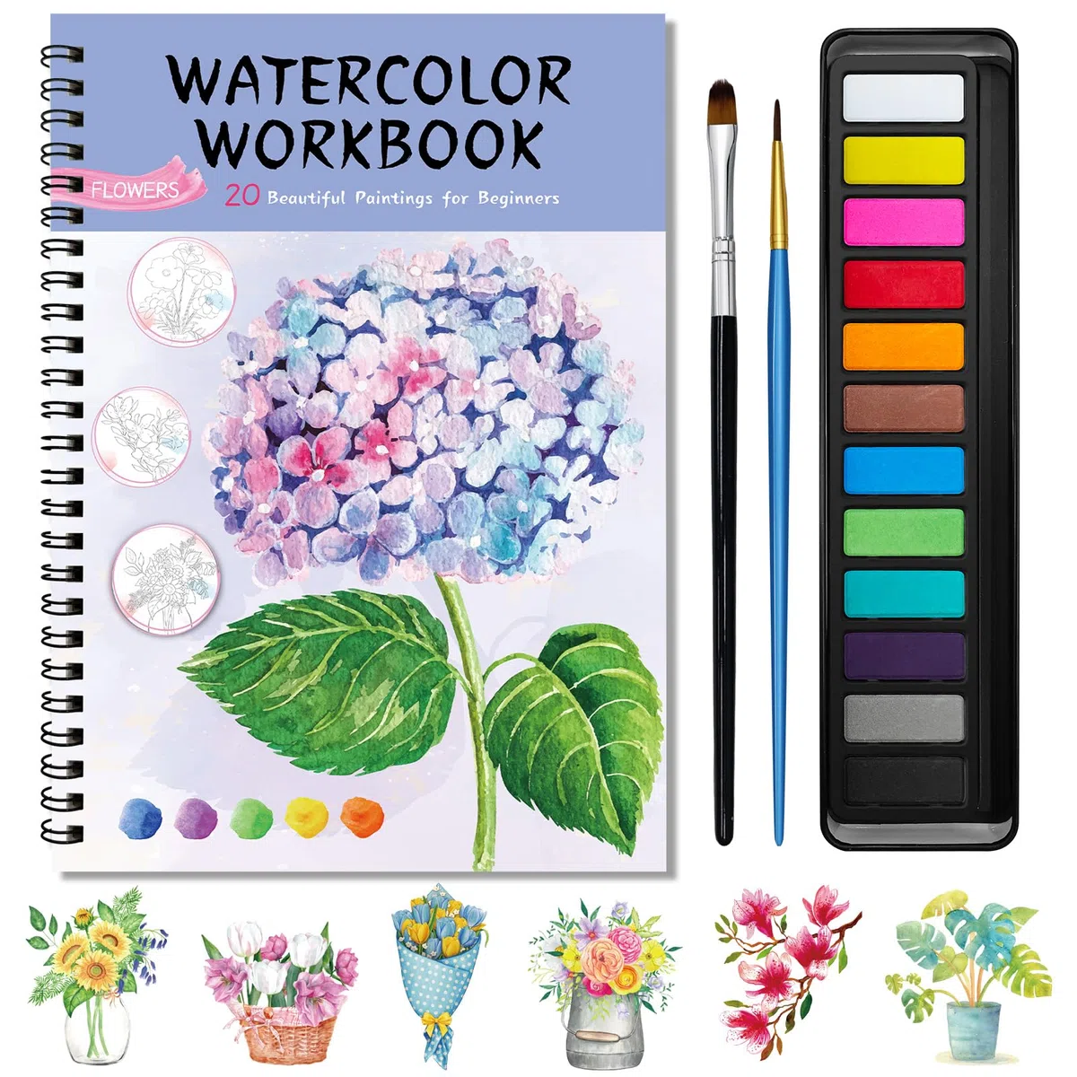 Kalysky Cuaderno de Trabajo de Acuarela, Libro para Colorear con 12 Acuarelas y 2 Cepillos, 20 Pinturas Paso a Paso para Principiantes
