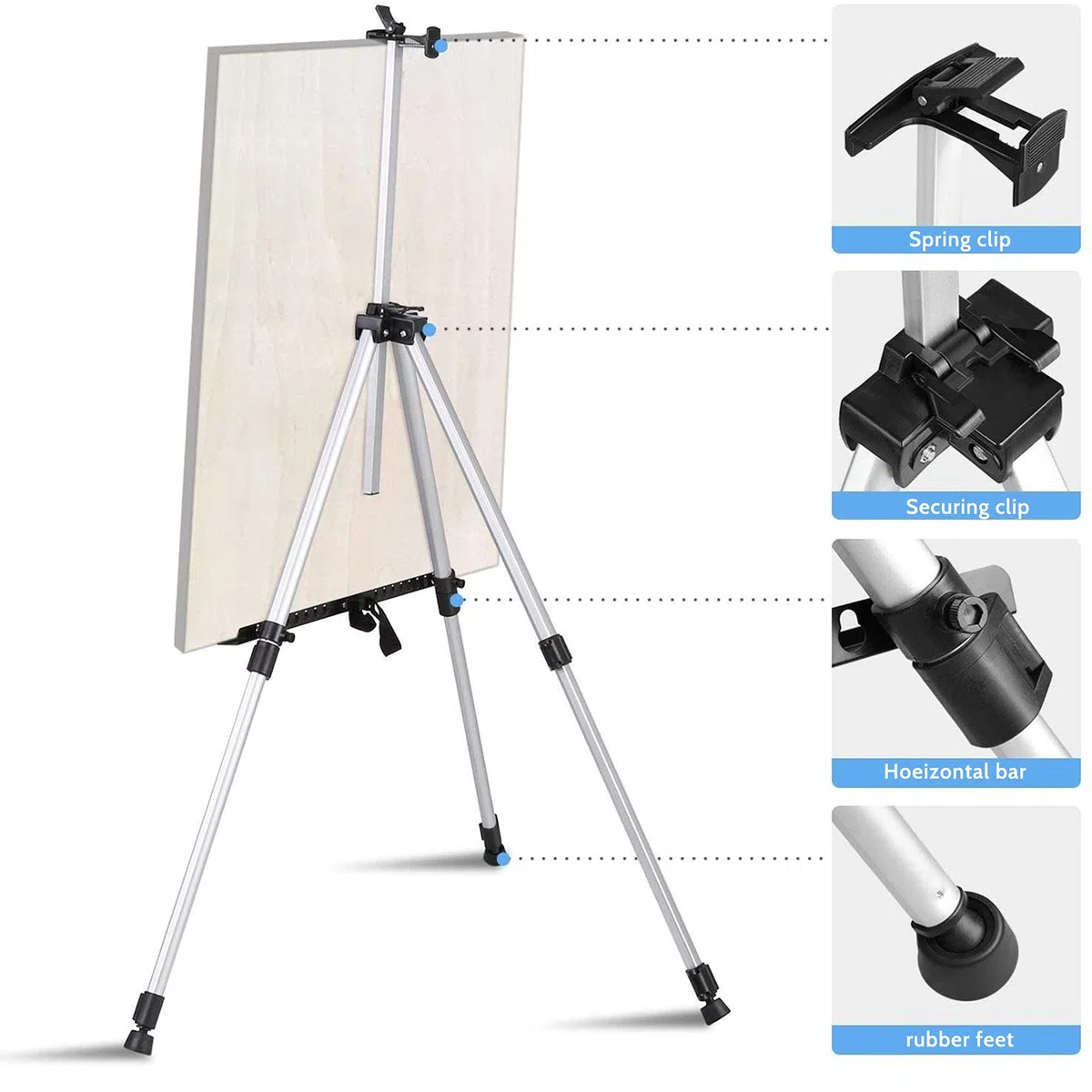Caballete de Campo Plegable Multifuncional con Bolsa de Transporte para Pintar, Trípode de Aluminio, Altura Ajustable de 60 a 162 cm, Estable y Liviano, Póster (Plata)