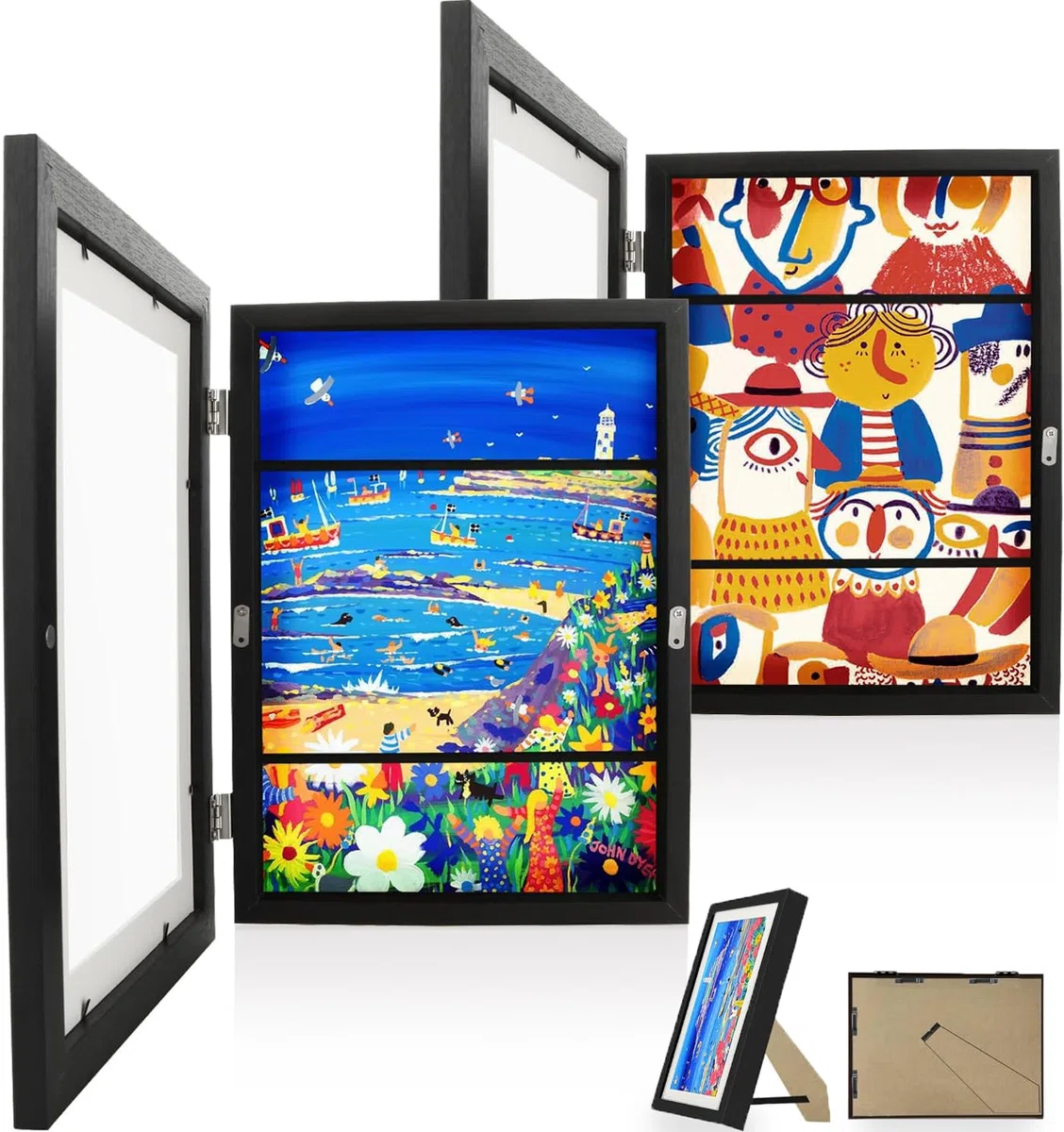 ASelected - Lote de 2 marcos de dibujo infantil para cambiar, A4, madera, marco negro, para dibujo infantil, A4, marco de fotos de arte para niños, almacenamiento de marco de arte y apertura frontal,
