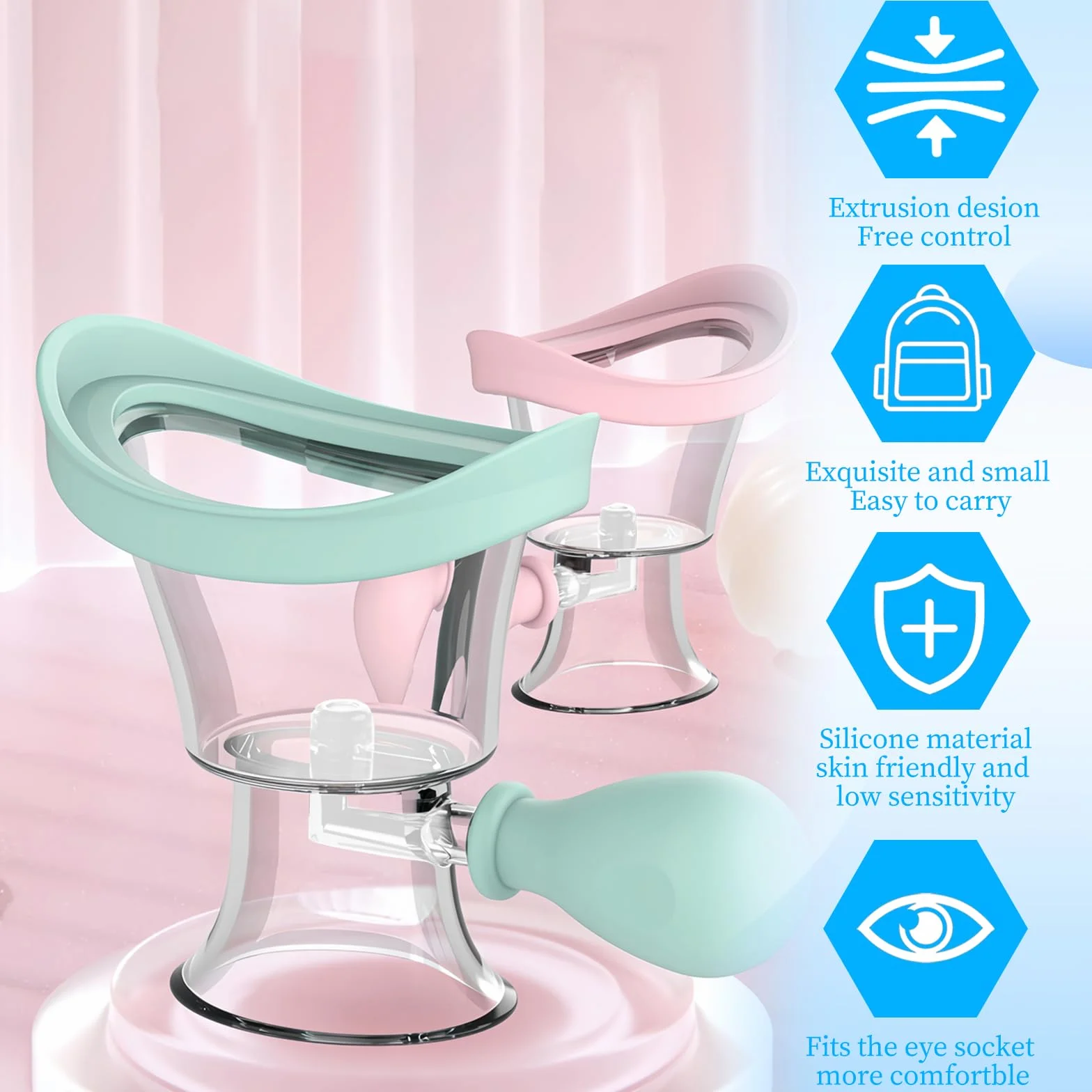 Tazas de Ojos Reutilizables Portátiles, 2 Piezas Taza de Lavado de Ojos, Vasos Lavaojos de Silicona, Copas de Lavado de Ojos, Baño Lavaojos, Manual Presión de Aire Limpieza de Ojos, (Azul, Rosa)