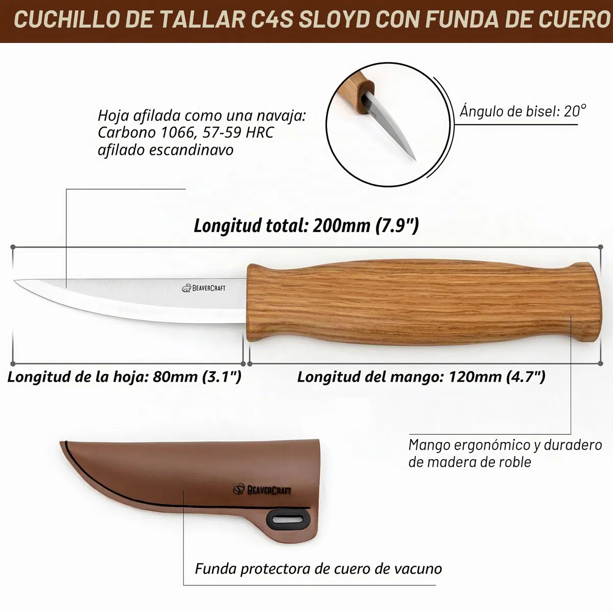 BeaverCraft, Cuchillo Sloyd C4s de 8cm - Cuchillo Sloyd para Tallar Madera con Funda de Cuero para Tallar y Desbastar para Principiantes y Profesionales Acero Duradero de Alto Contenido en Carbono