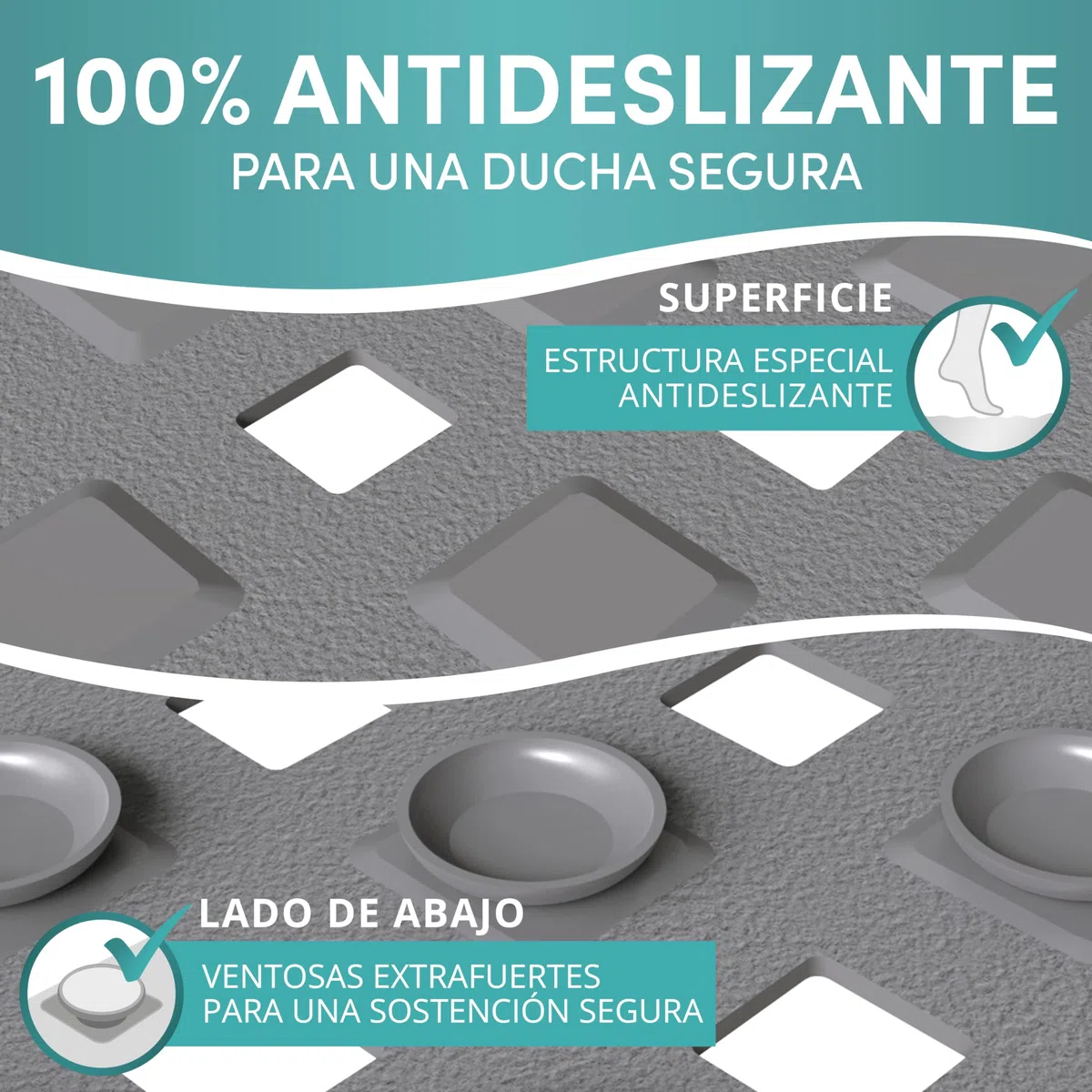 Engelbach® Alfombra Ducha Antideslizante 53x53cm - con 2 Ganchos para Secado rápido - Libre de BPA y antibacteriana - Alfombrilla Cuadrada Universal