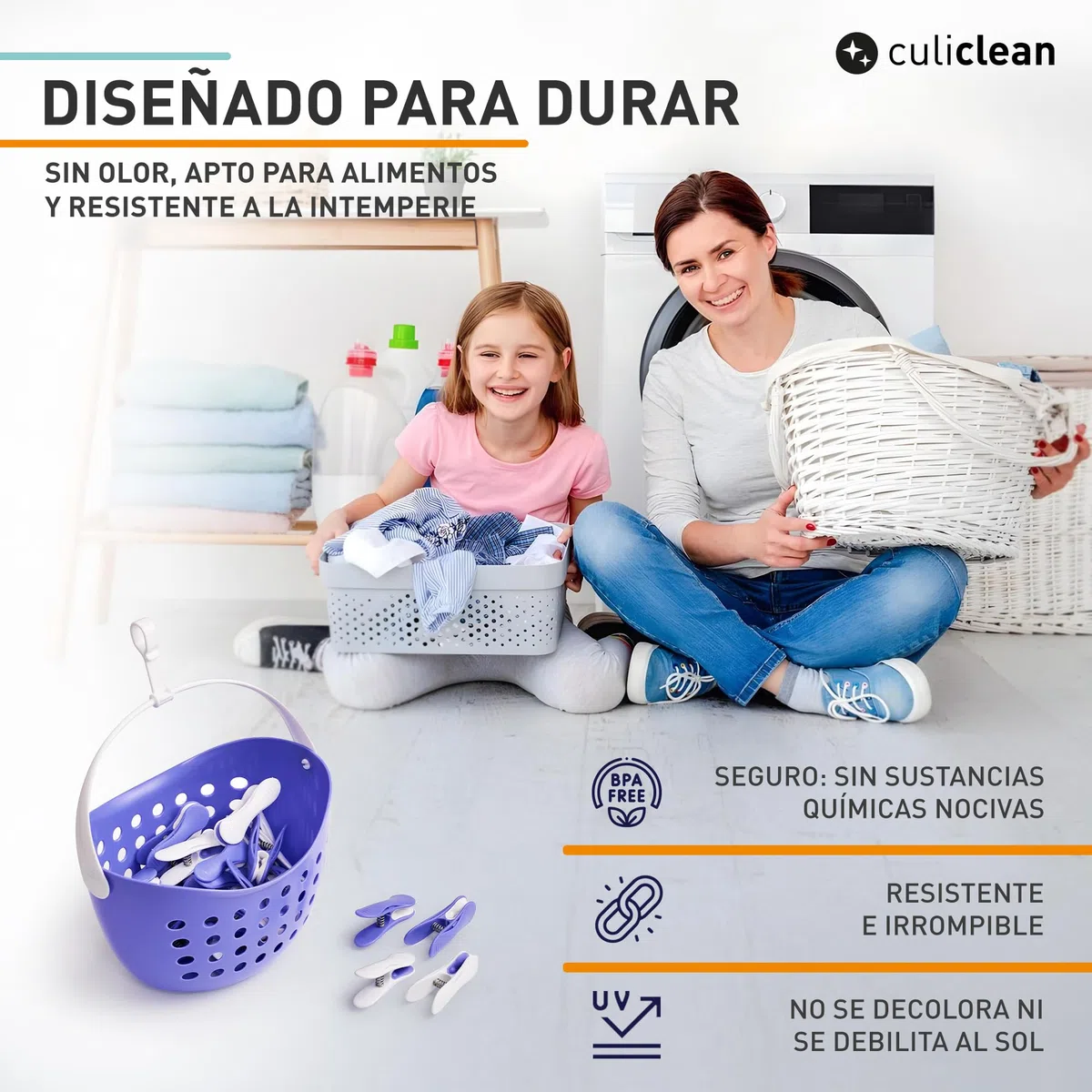 culiclean 40 Pinzas con Cesta para Tender Ropa Que No Dejan Marca Cesta Pinzas Ropa Tender – Plástico Resistente y BPA-Free – Fabricado en Francia – Soft Clip, Negro-Blanco, Blanco-Negro, Cesta Negro